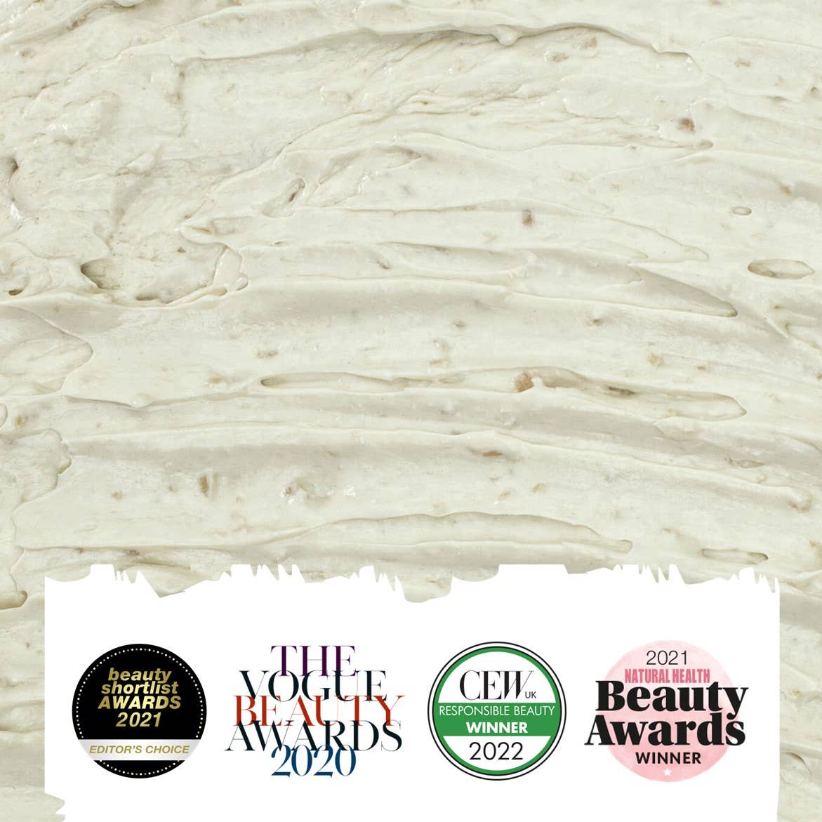 Close-up of a textured white surface with multiple awards logos displayed below.
