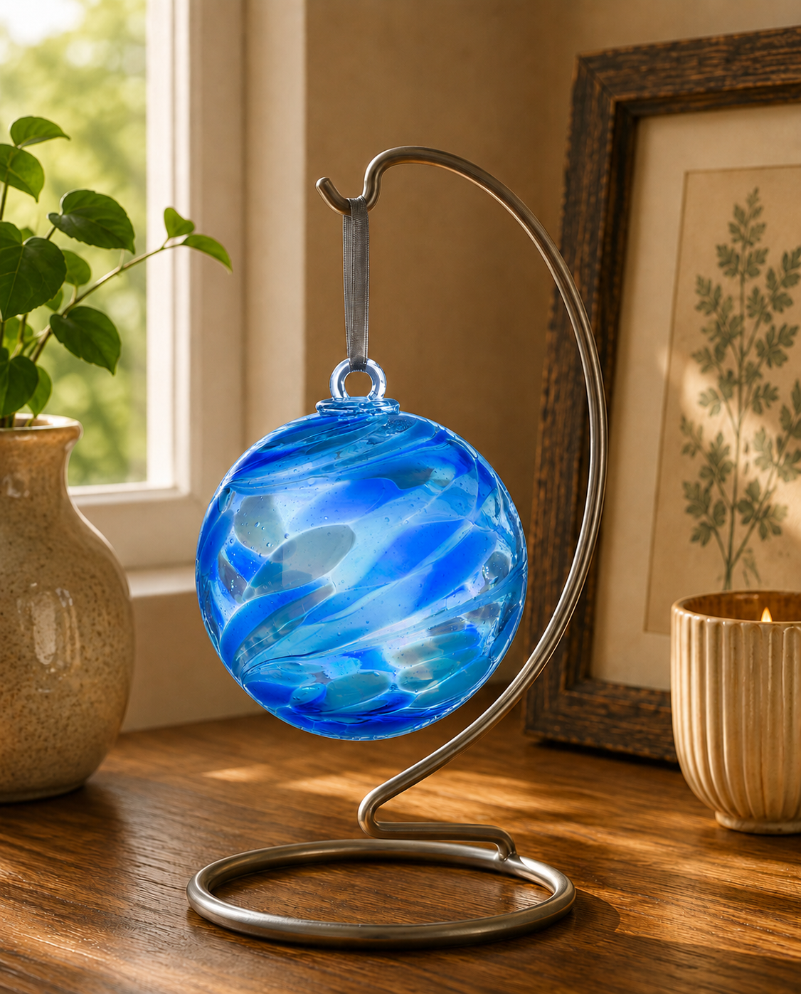 Blue glass ornament on a metal stand in a home setting with a plant and framed picture.