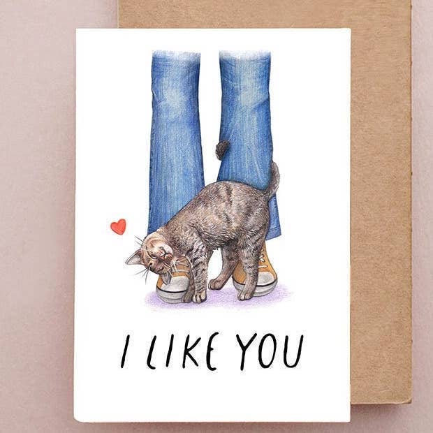 Card with a cat and shoes illustration and 'I LIKE YOU' text on a white background.