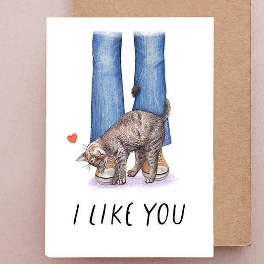 Card with a cat and shoes illustration and 'I LIKE YOU' text on a white background.