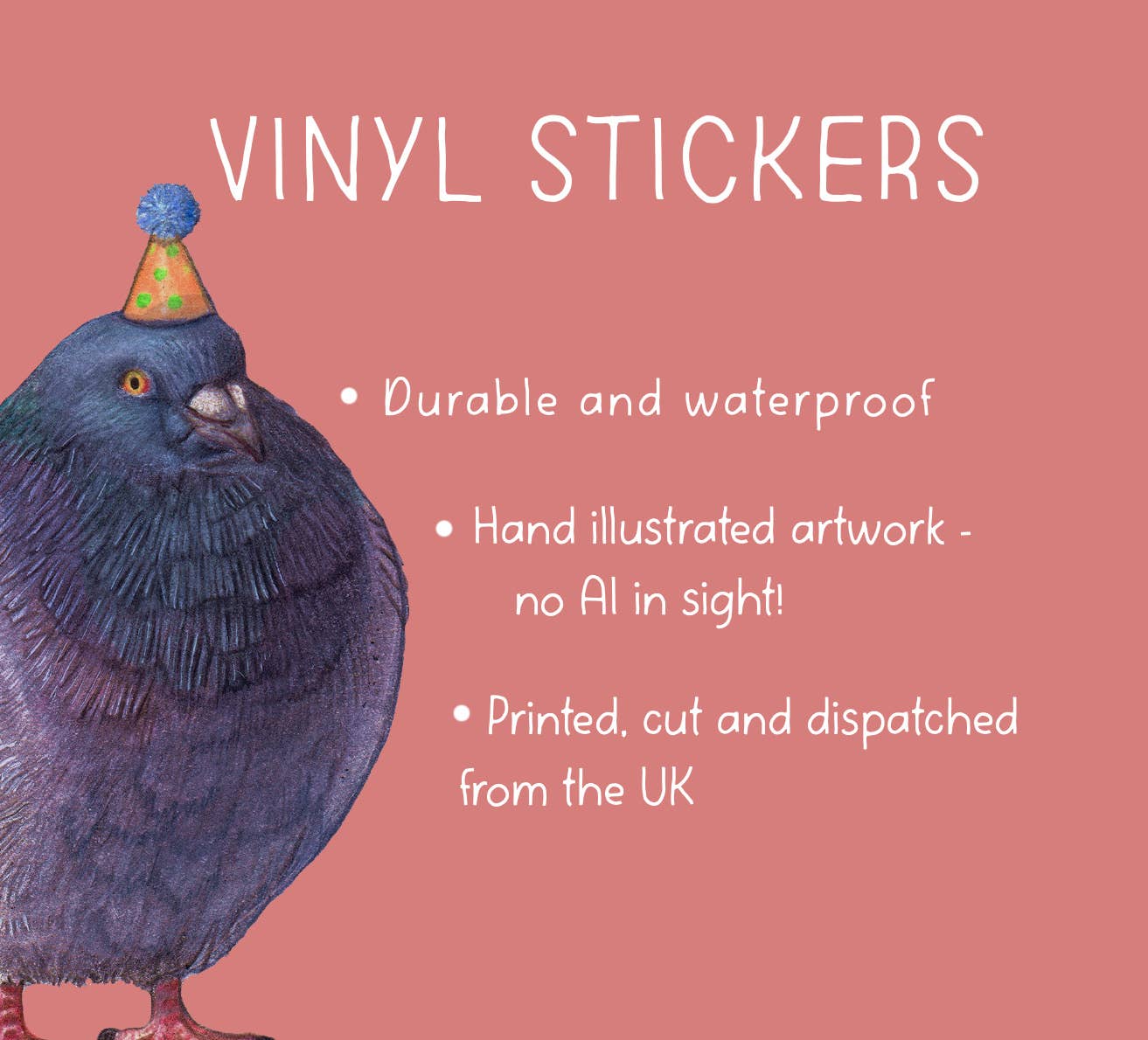 Vinyl stickers with a pigeon illustration and text on a pink background