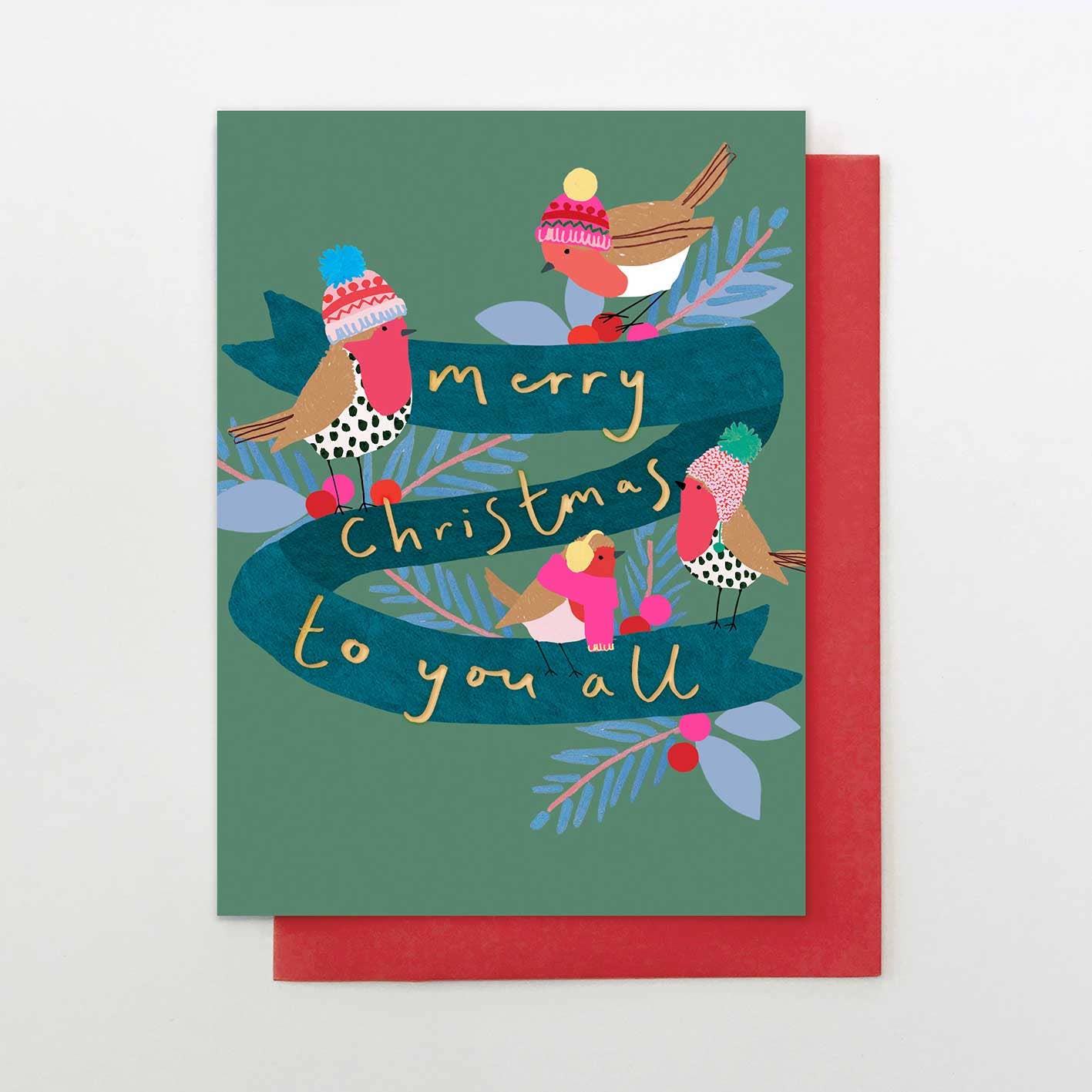 Christmas card with illustrated birds and 'Merry Christmas to you all' text on a green background.
