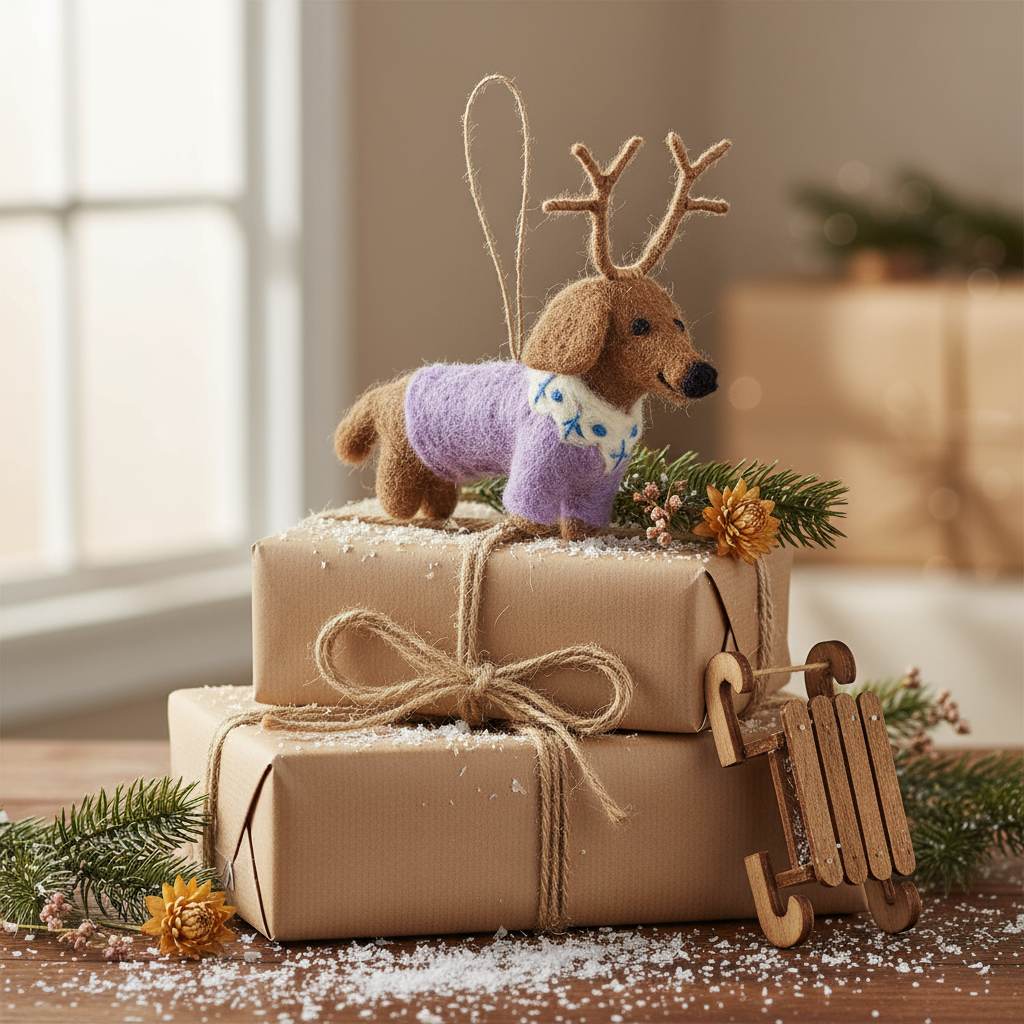 Small dog figurine with antlers on top of wrapped gifts with a sled and Christmas decorations.