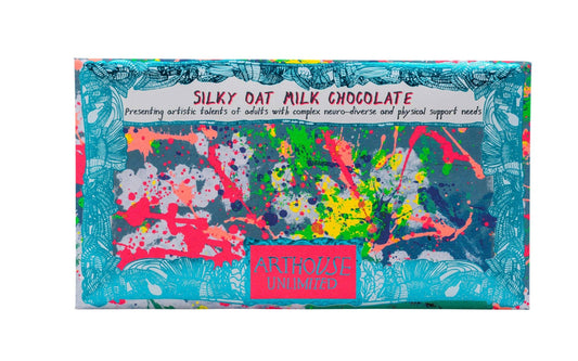 Silky Oat Milk Chocolate bar with colorful packaging on a white background