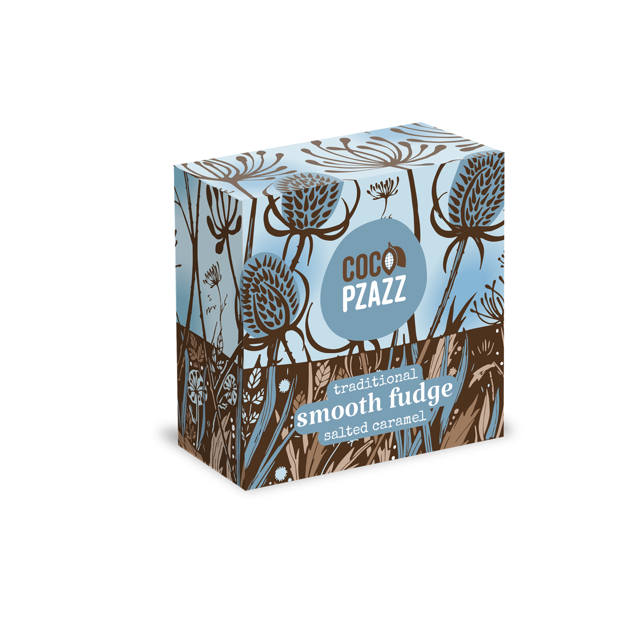 A square product box for Coco Pazzz traditional smooth fudge with spiced caramel, featuring a botanical pattern in light blue, brown, and white.