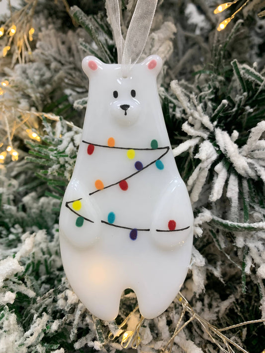 Handmade Fused Glass Polar Bear Fairy Light Tree Decoration