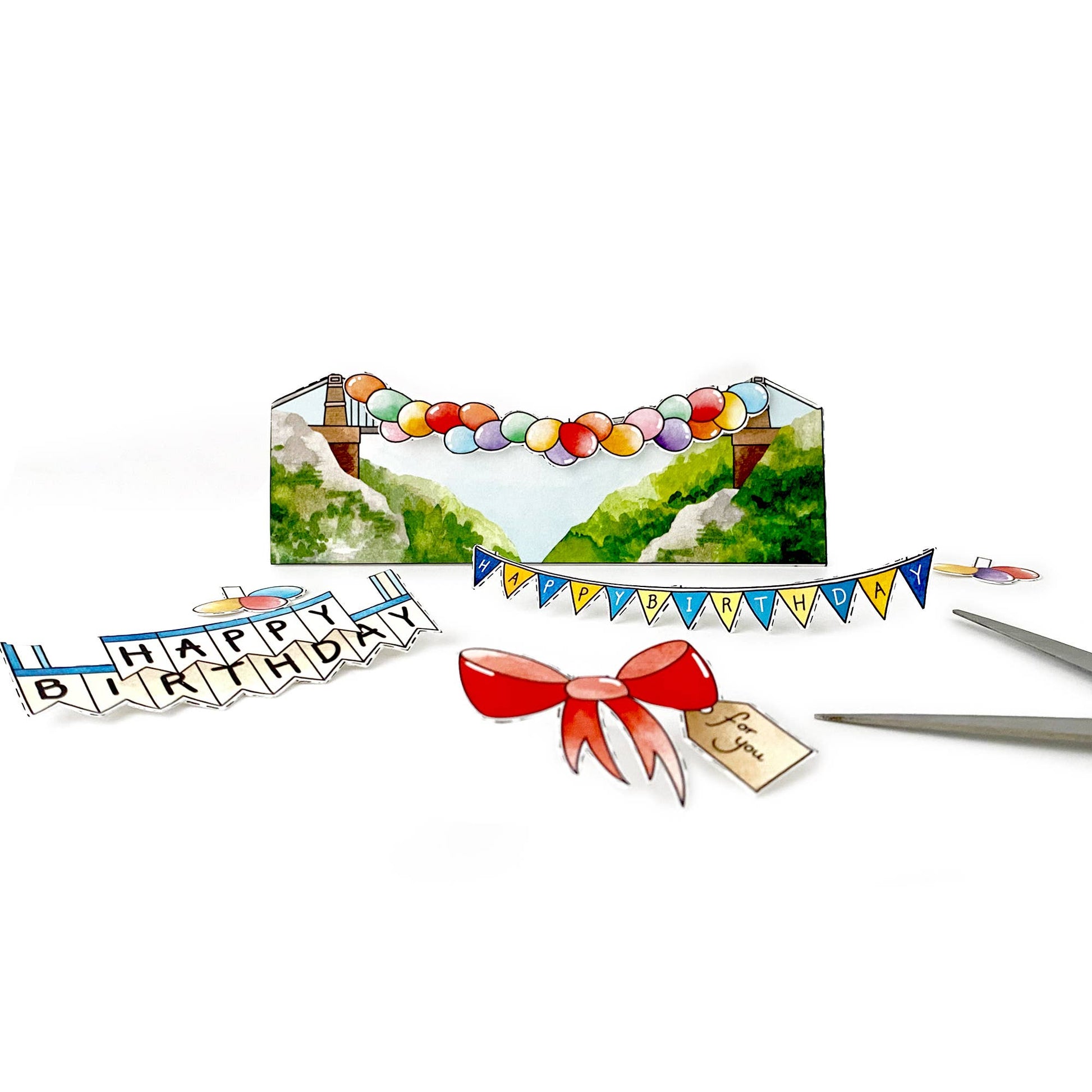 Greeting card with scenic view, colorful balloons, 'Happy Birthday' banner, and red bow on a white background.