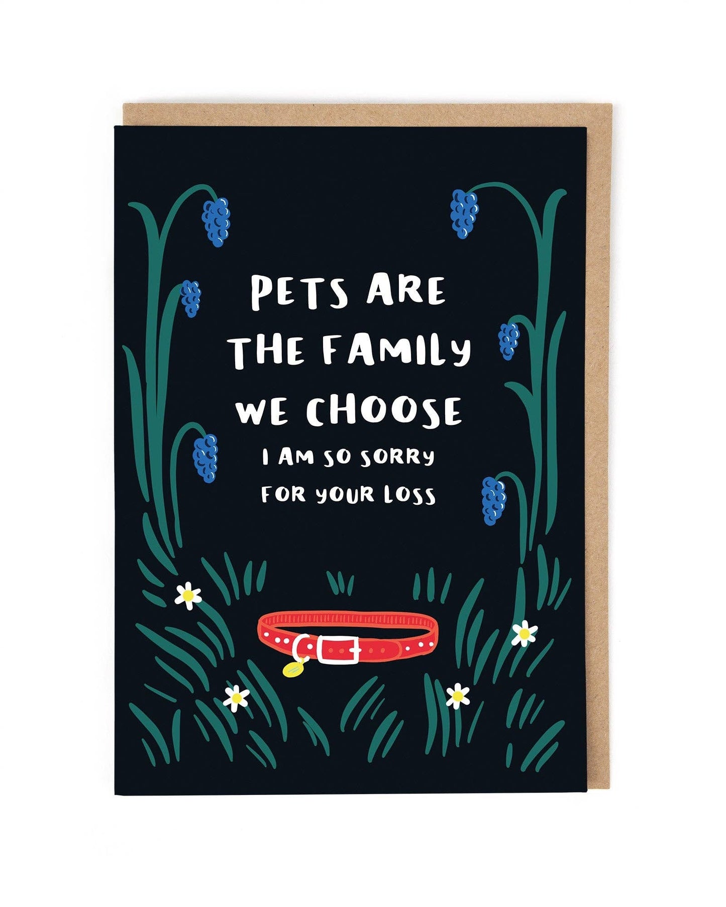 Greeting card with floral design and text about pets on a black background