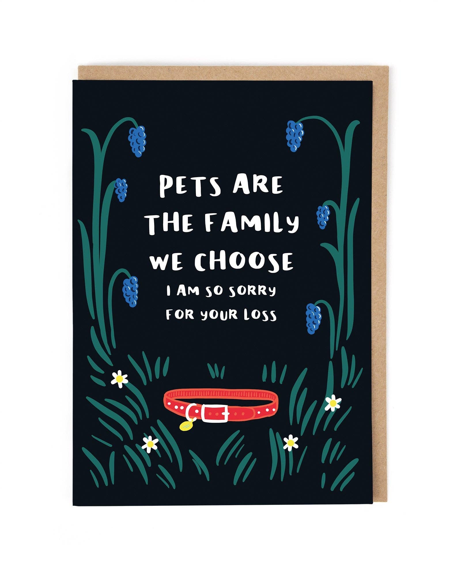 Greeting card with floral design and text about pets on a black background
