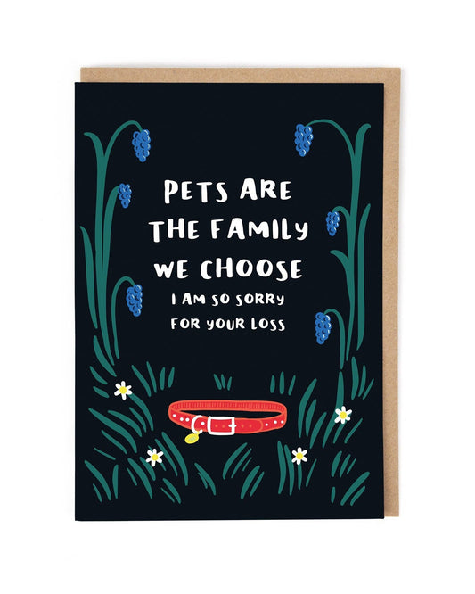 Greeting card with floral design and text about pets on a black background