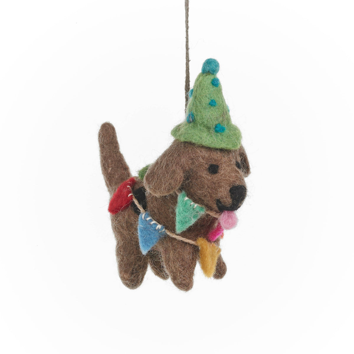 Felted dog ornament with a Christmas tree hat and lights on a white background