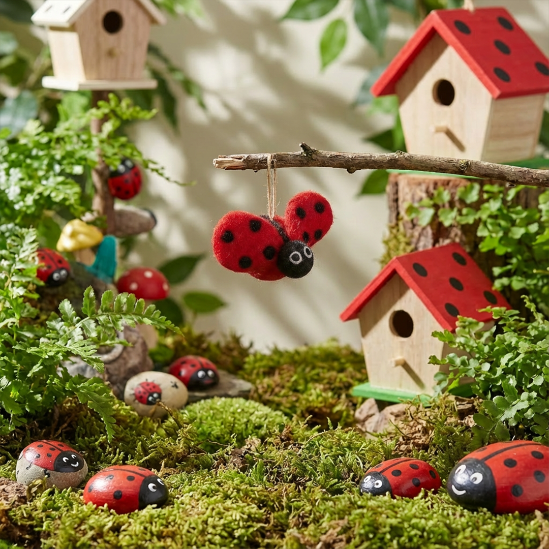 Miniature garden scene with ladybugs, birdhouses, and mossy ground.