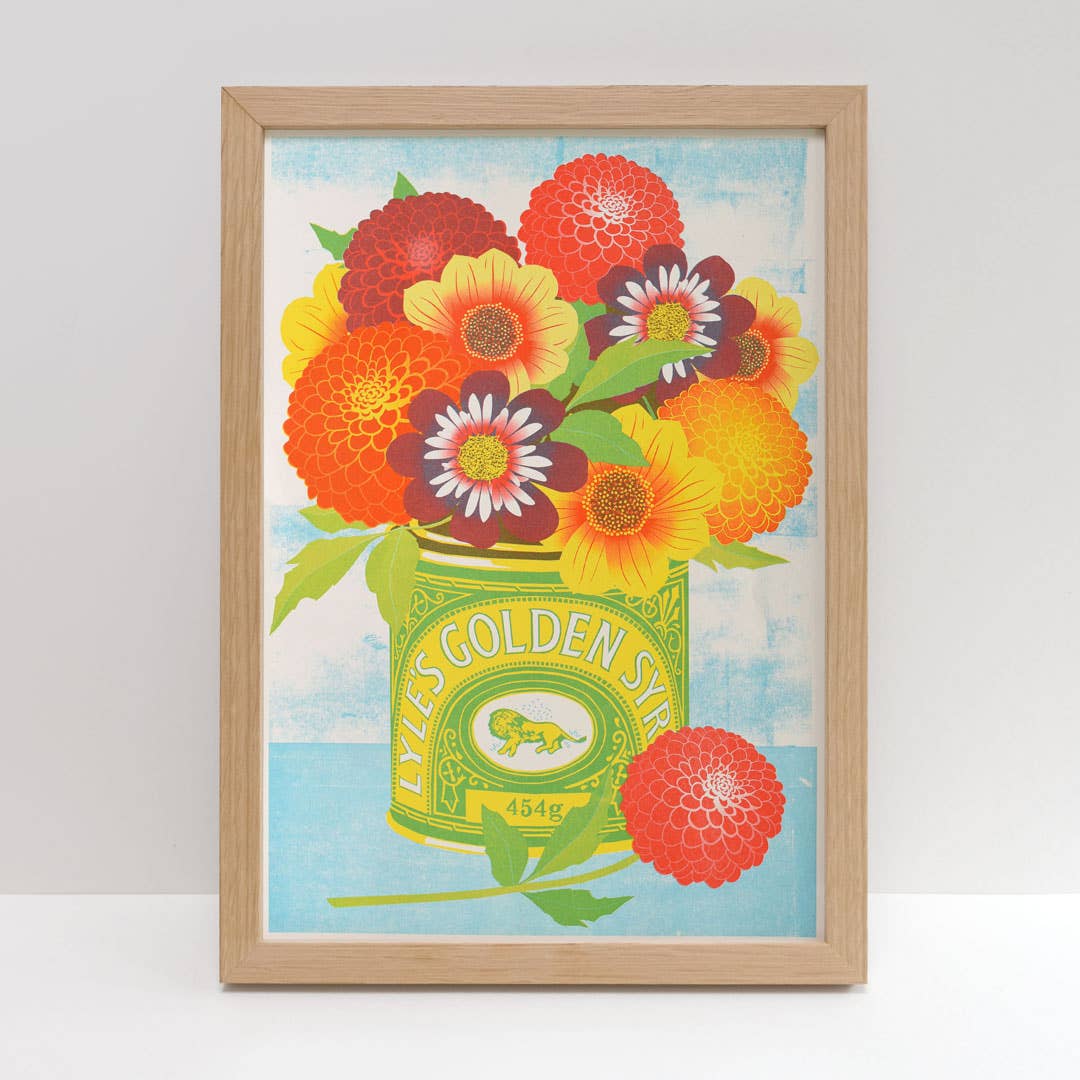 Risograph print of a flower bouquet in a golden syrup tin.
