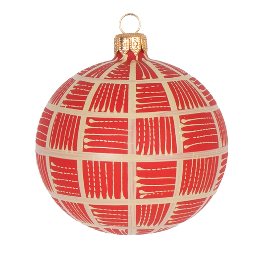 Lines Glass Bauble Natural on Red, 8cm