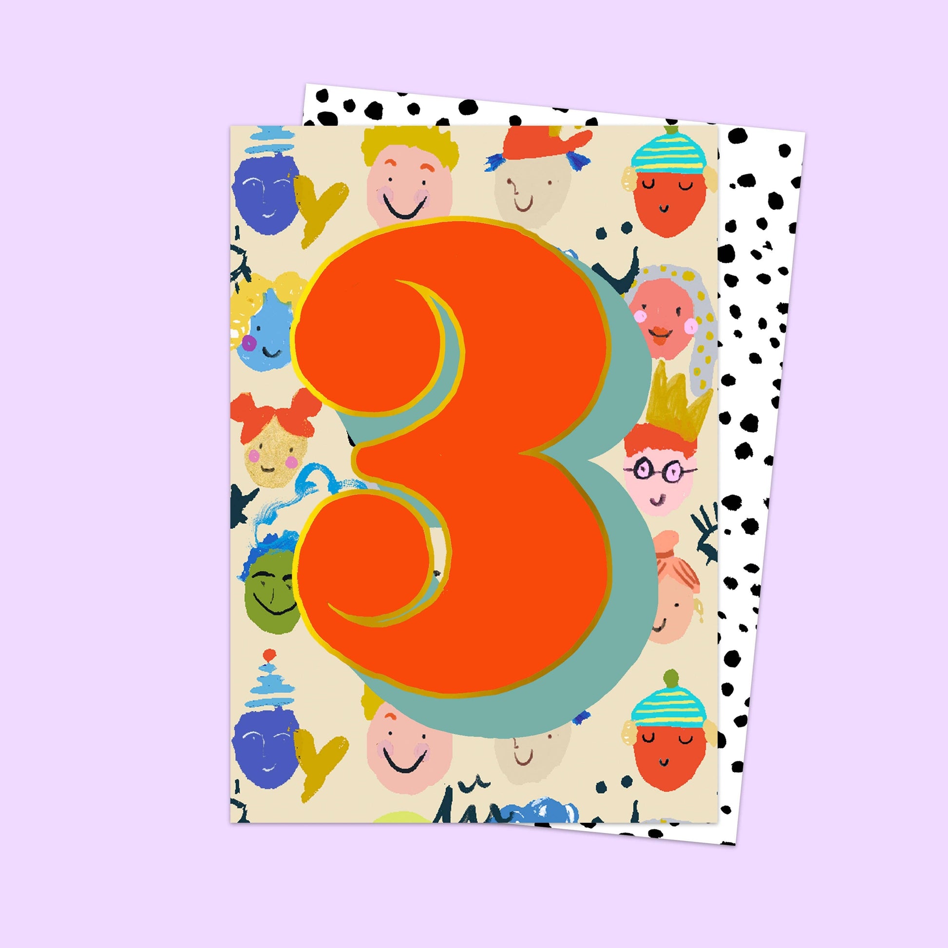Card with the number '3' on a colorful background with cartoon characters