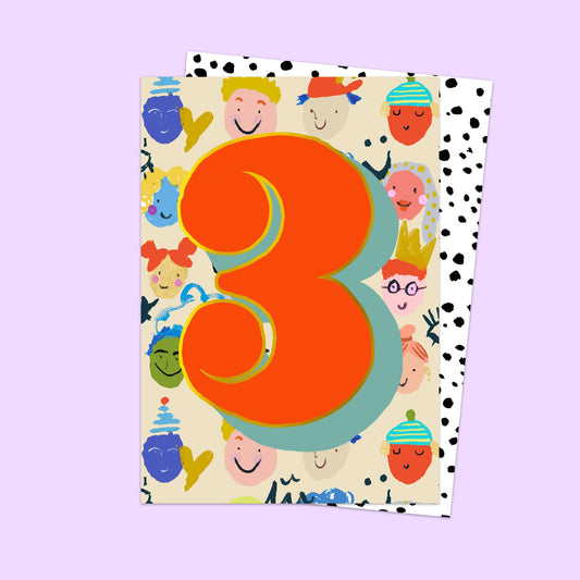 Card with the number '3' on a colorful background with cartoon characters
