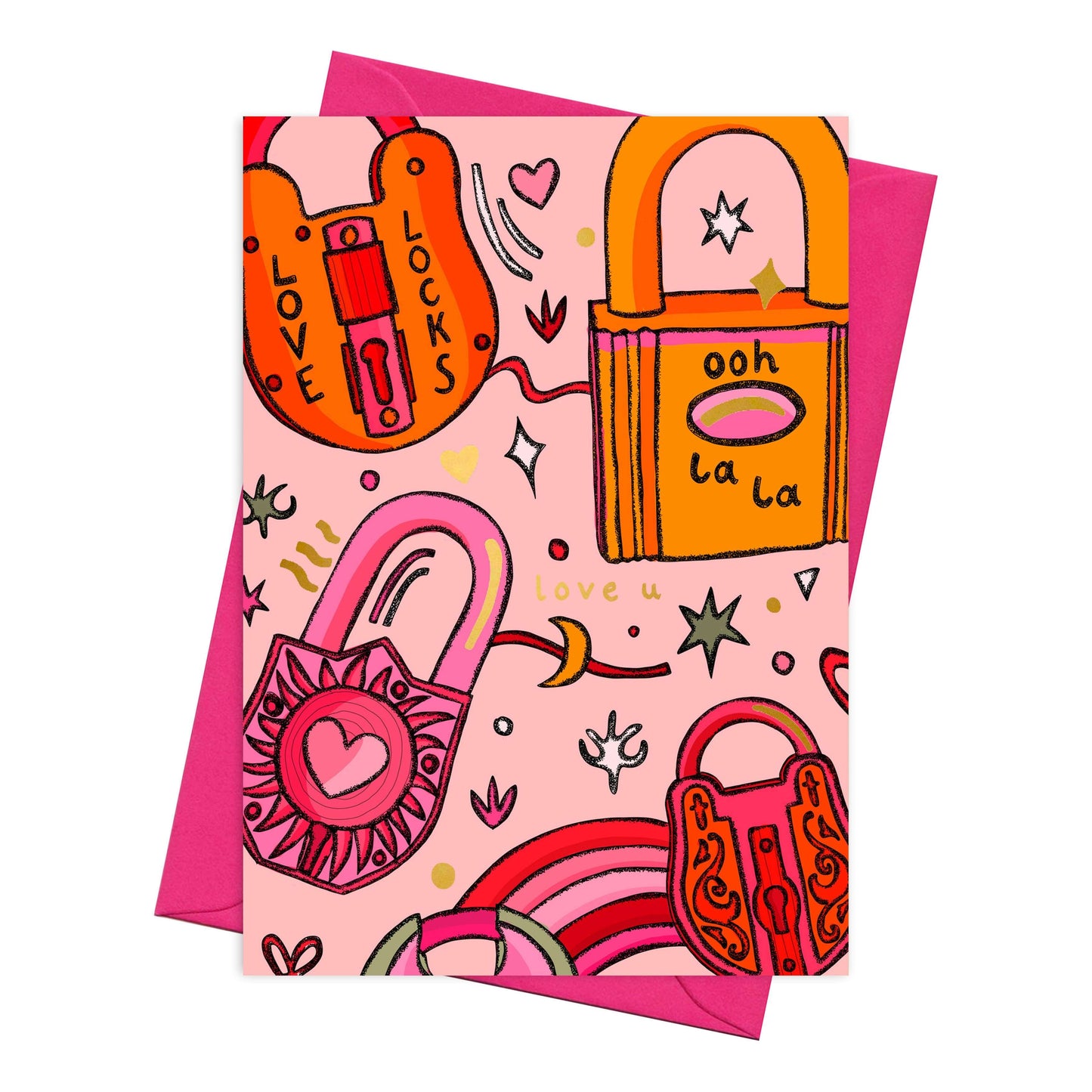 Love locks card, Paris inspired card in pink & orange, Valentines day cards, love cards