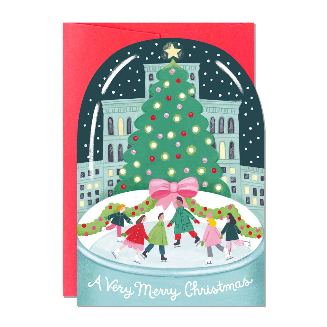 Christmas Card. Snow Globe illustration with a Christmas Tree and skaters.  Text reads A very Merry Christmas.