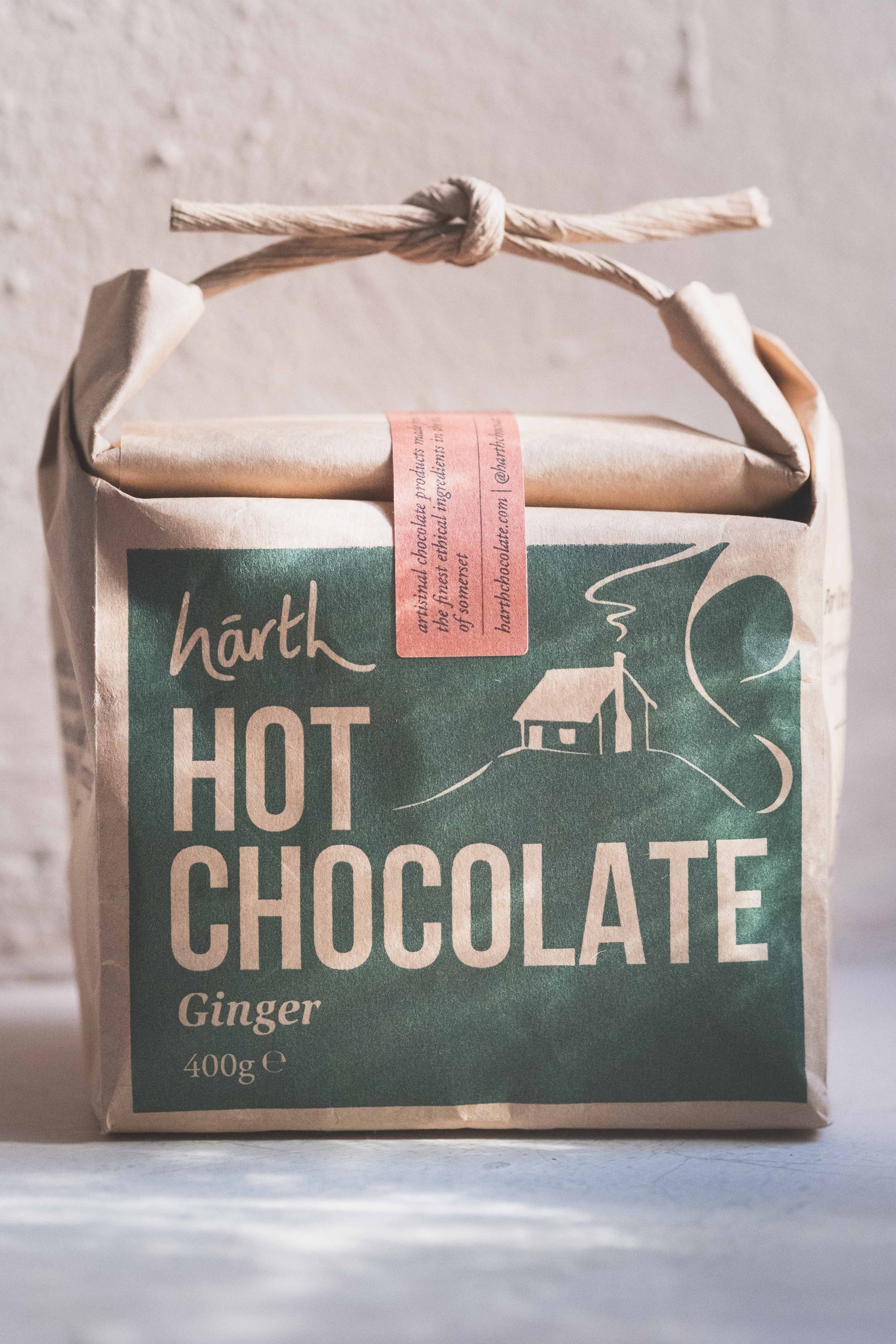 Bag of hārth hot chocolate ginger on a light background