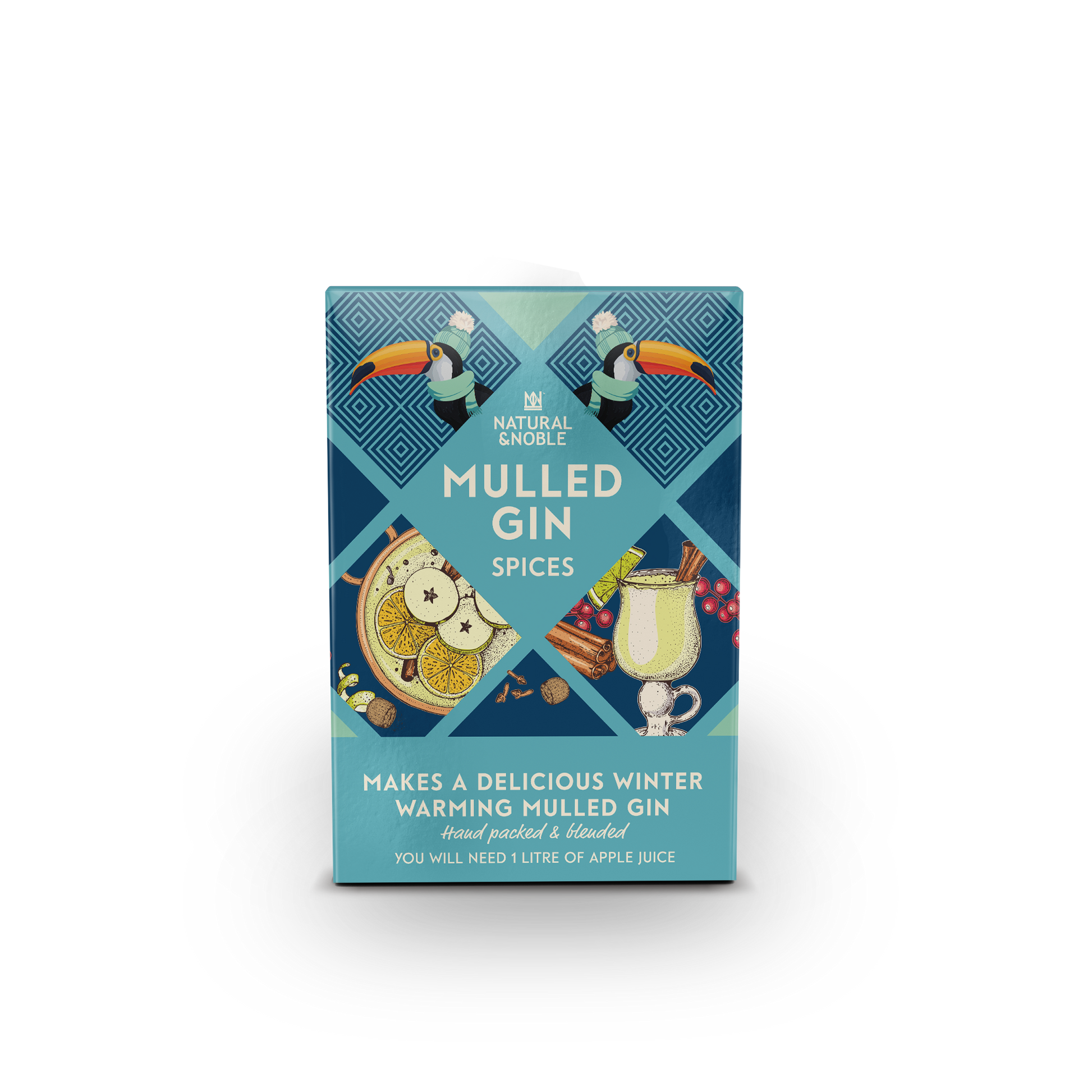 Box of Mulled Gin spices with illustrations on a white background