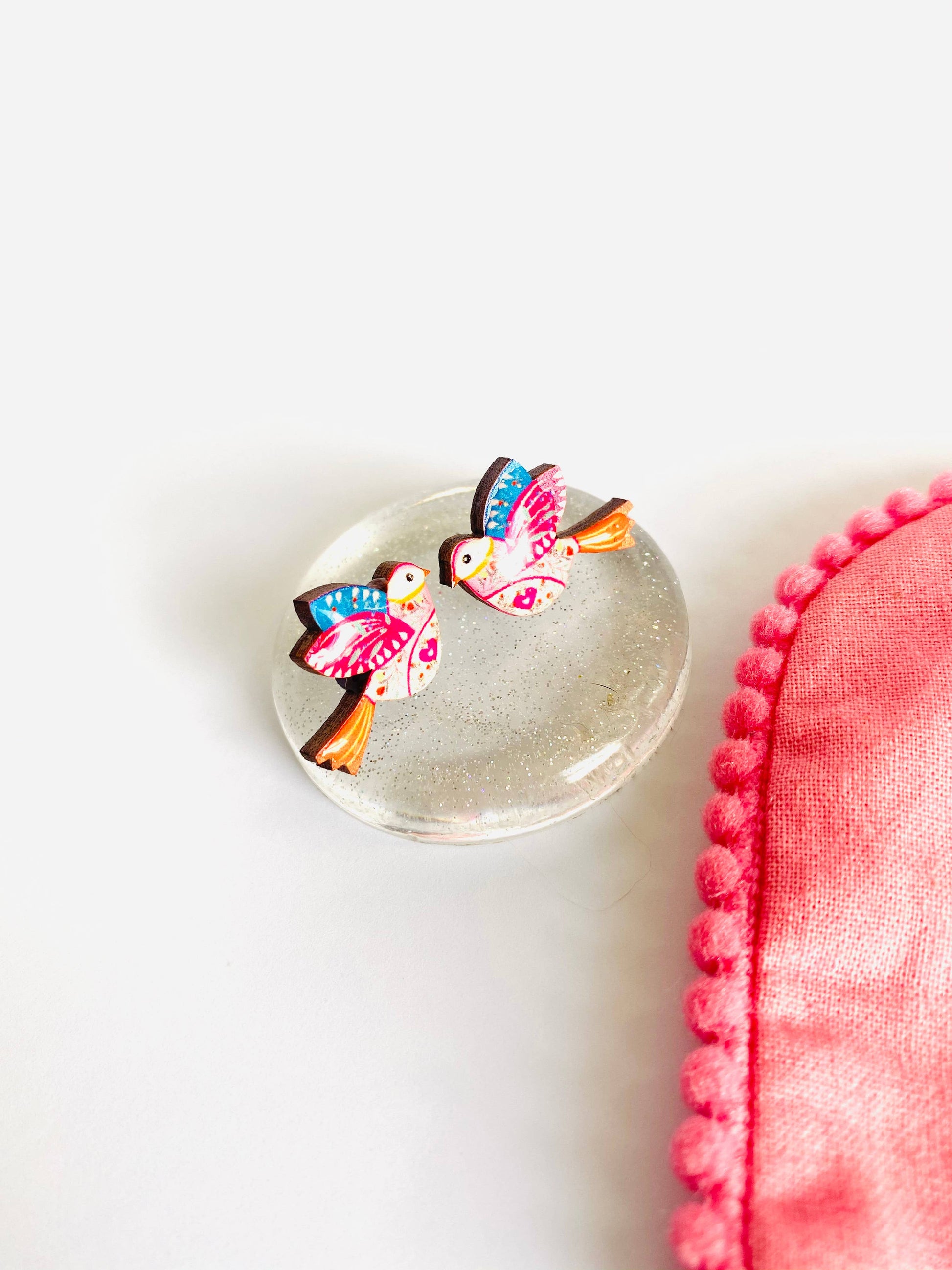 Folklore bird studs wooden and enamel earrings.