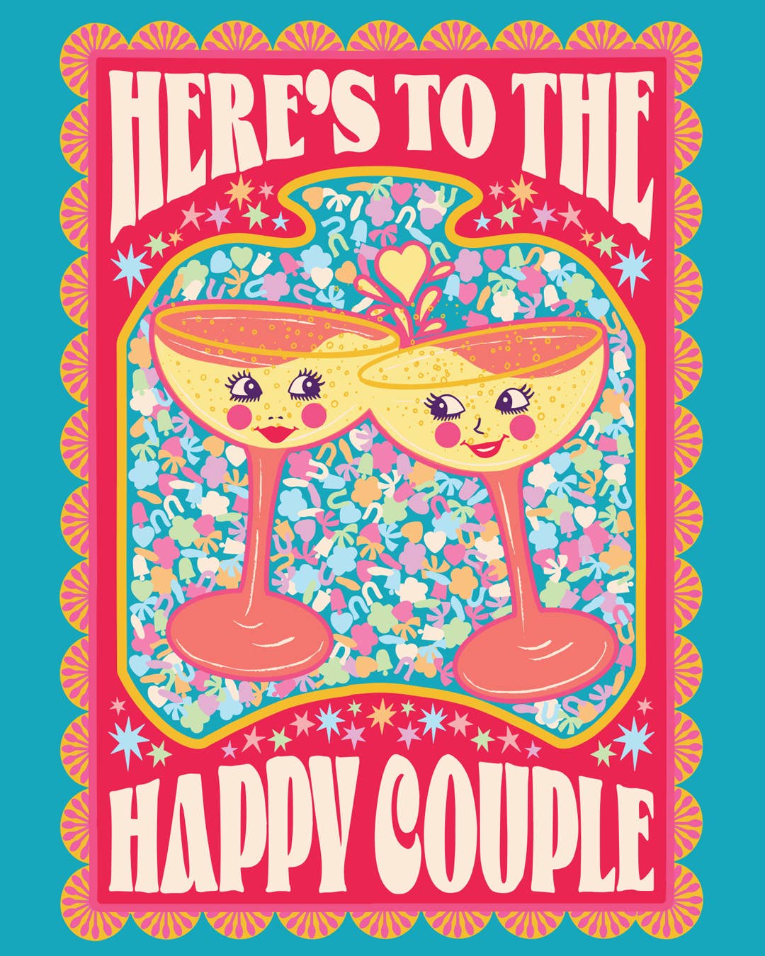 Wedding Card.  Here's to the happy couple.  Champagne Coupe's with happy faces.