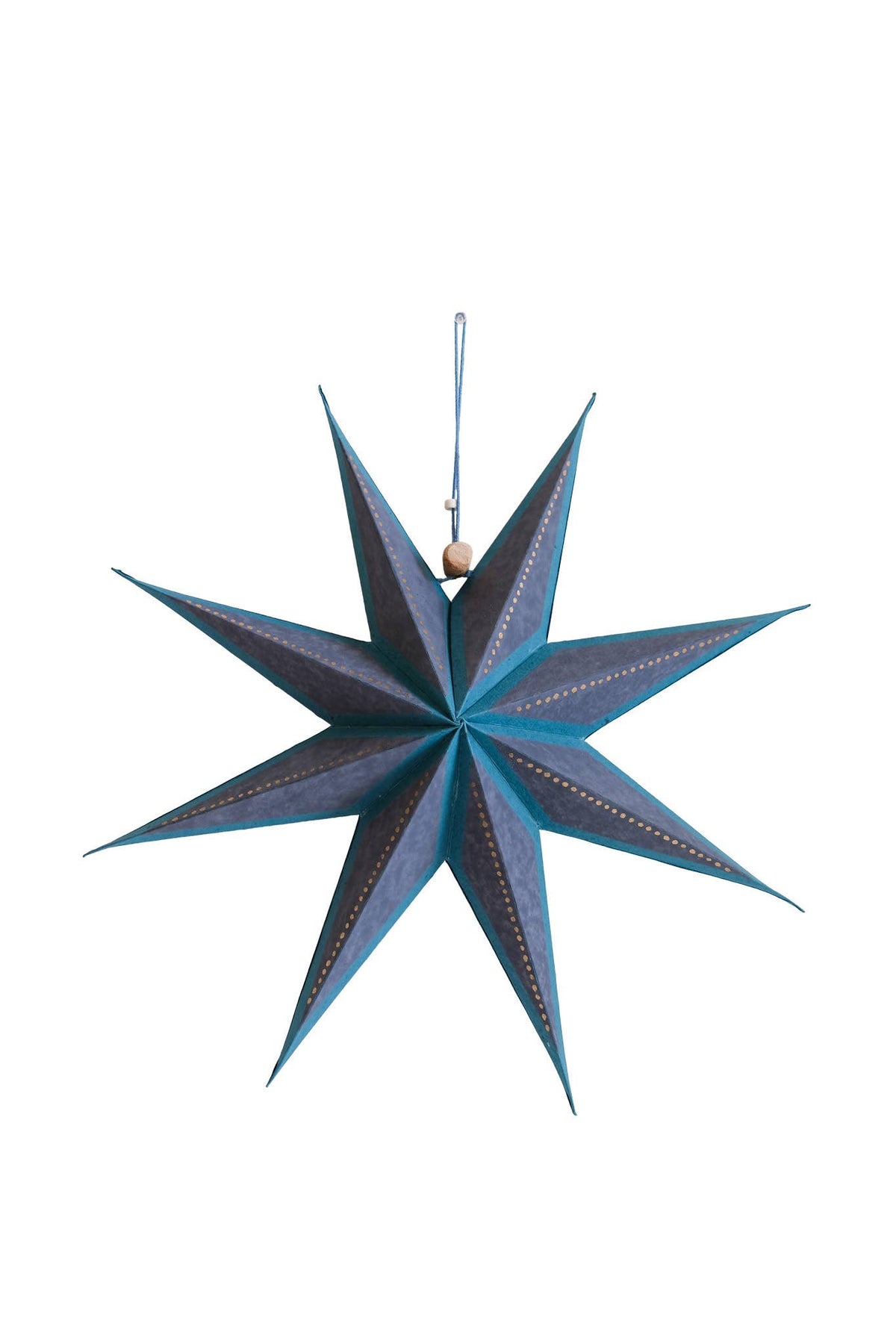 A 12-pointed metallic star ornament in a teal blue color with gold beaded accents along the edges, suspended by a thin blue string with a small wooden bead, set against a plain white background.