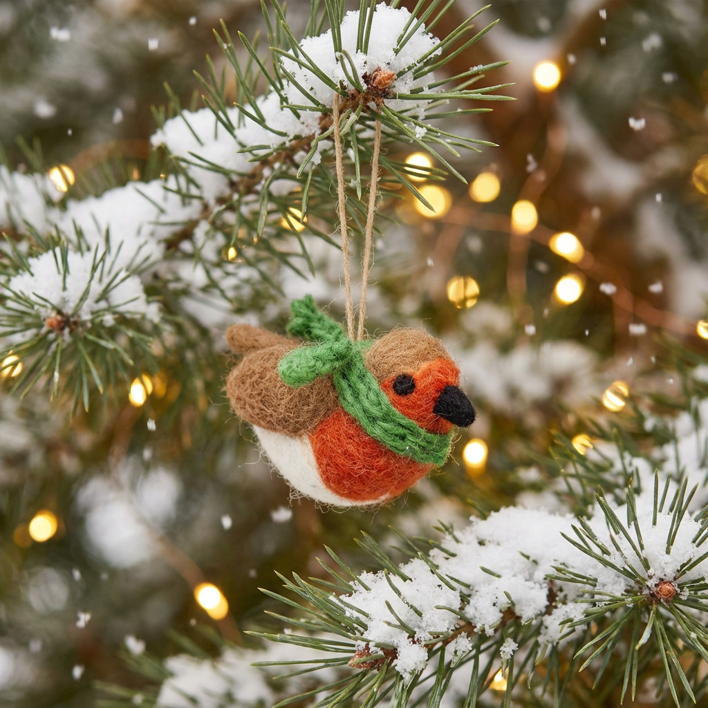 A handcrafted felt robin Christmas ornament with a green scarf, hanging from a snowy pine branch with warm bokeh holiday lights in the background.