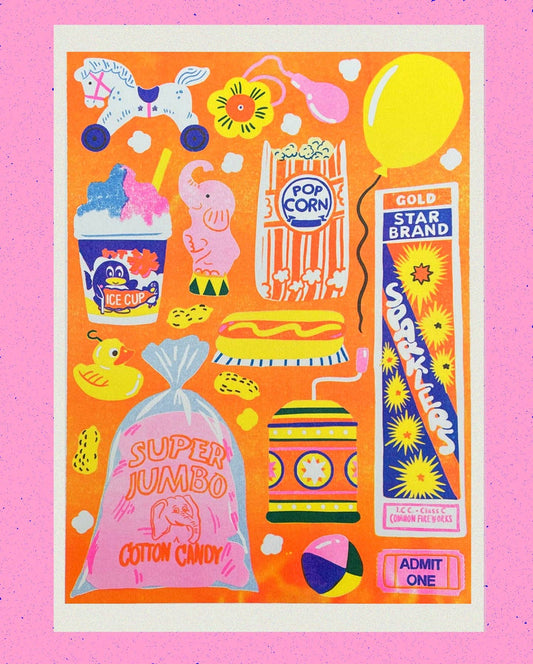 Colorful illustration of various vintage-style items on a pink background