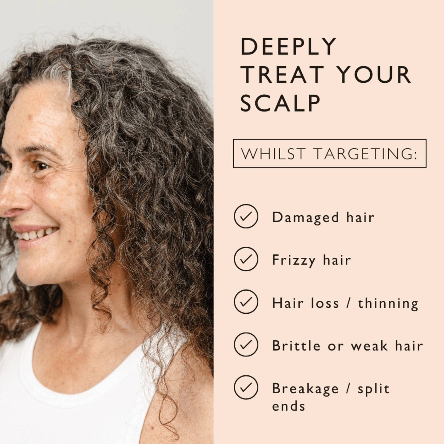 Woman with curly hair next to text about scalp care solutions for damaged, frizzy, hair loss, thinning, brittle, weak, and breakage issues.