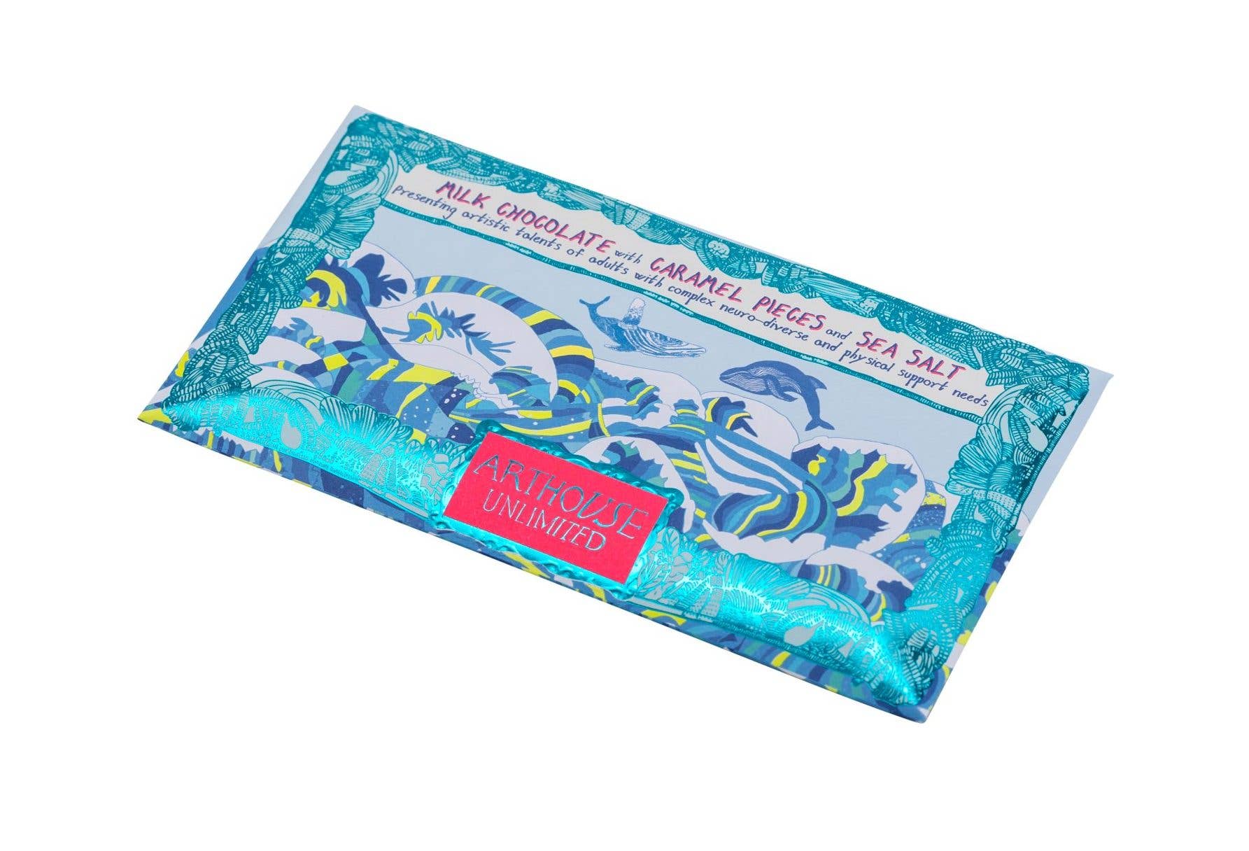 Chocolate bar with blue packaging featuring dolphins on a white background