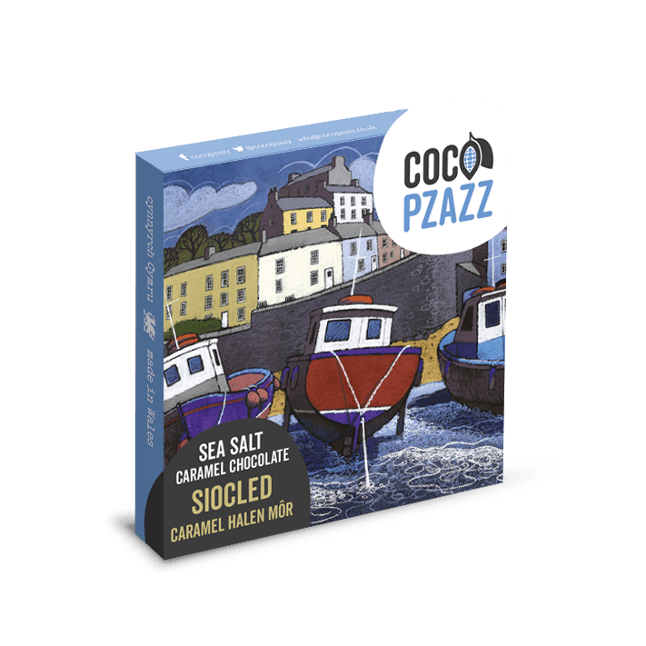 Coco Pzazz chocolate packaging with a coastal scene illustration