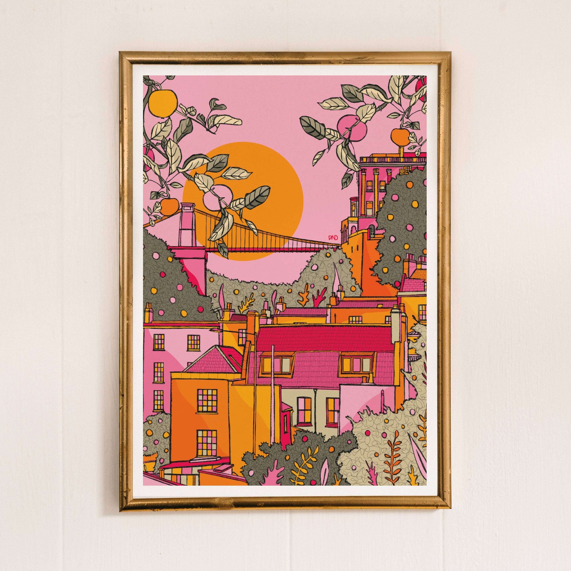 Bristol Art Print, in orange, pink & yellow, Bristol Scene Print, Bristol Artwork