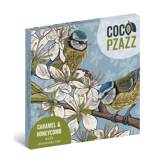 Coco Pzazz caramel and honeycomb chocolate bar packaging with birds and flowers