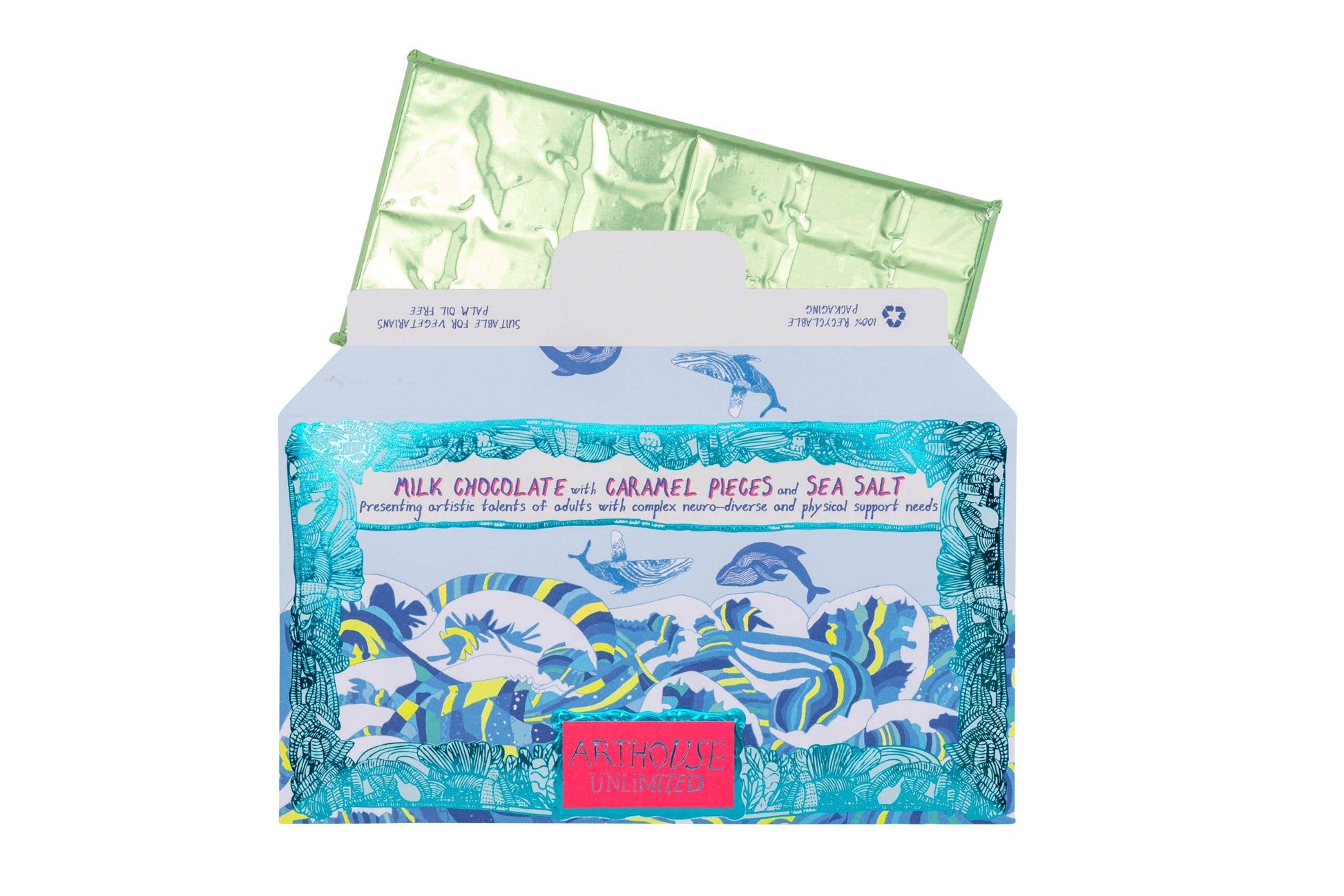 Chocolate packaging with a blue and white design on a white background