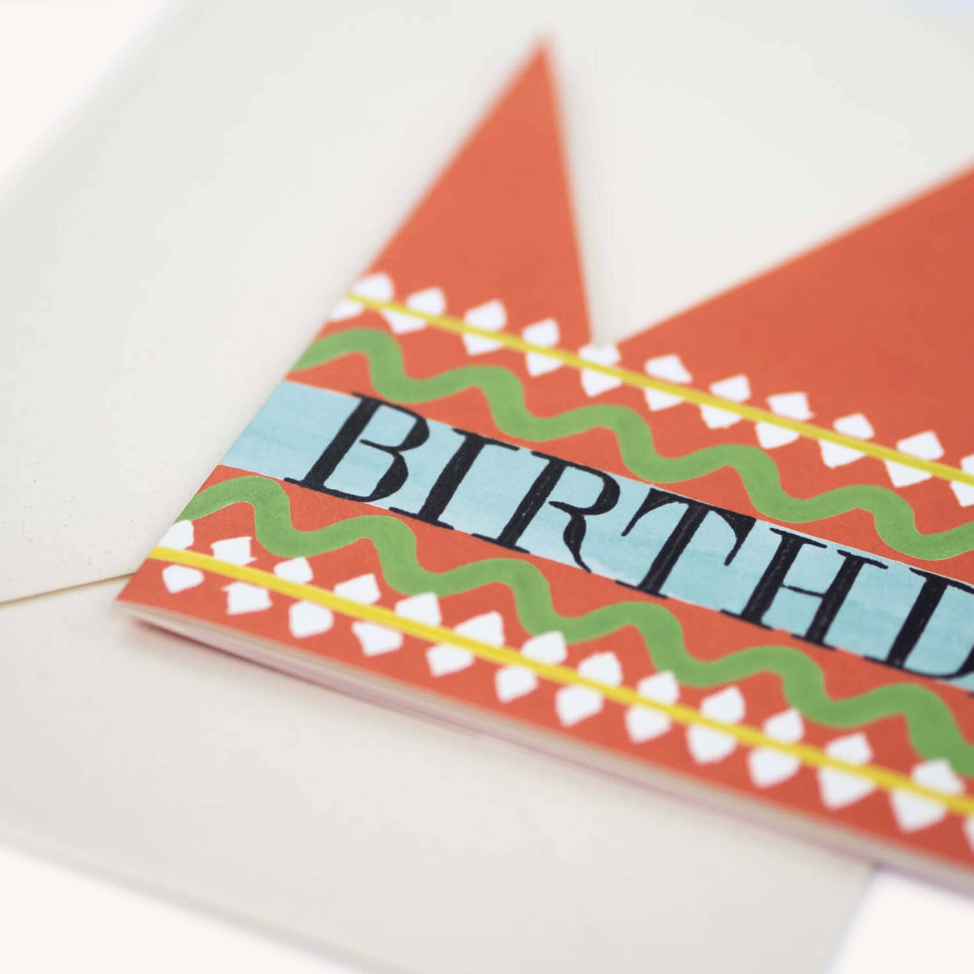 Colorful birthday card with decorative patterns on a white background