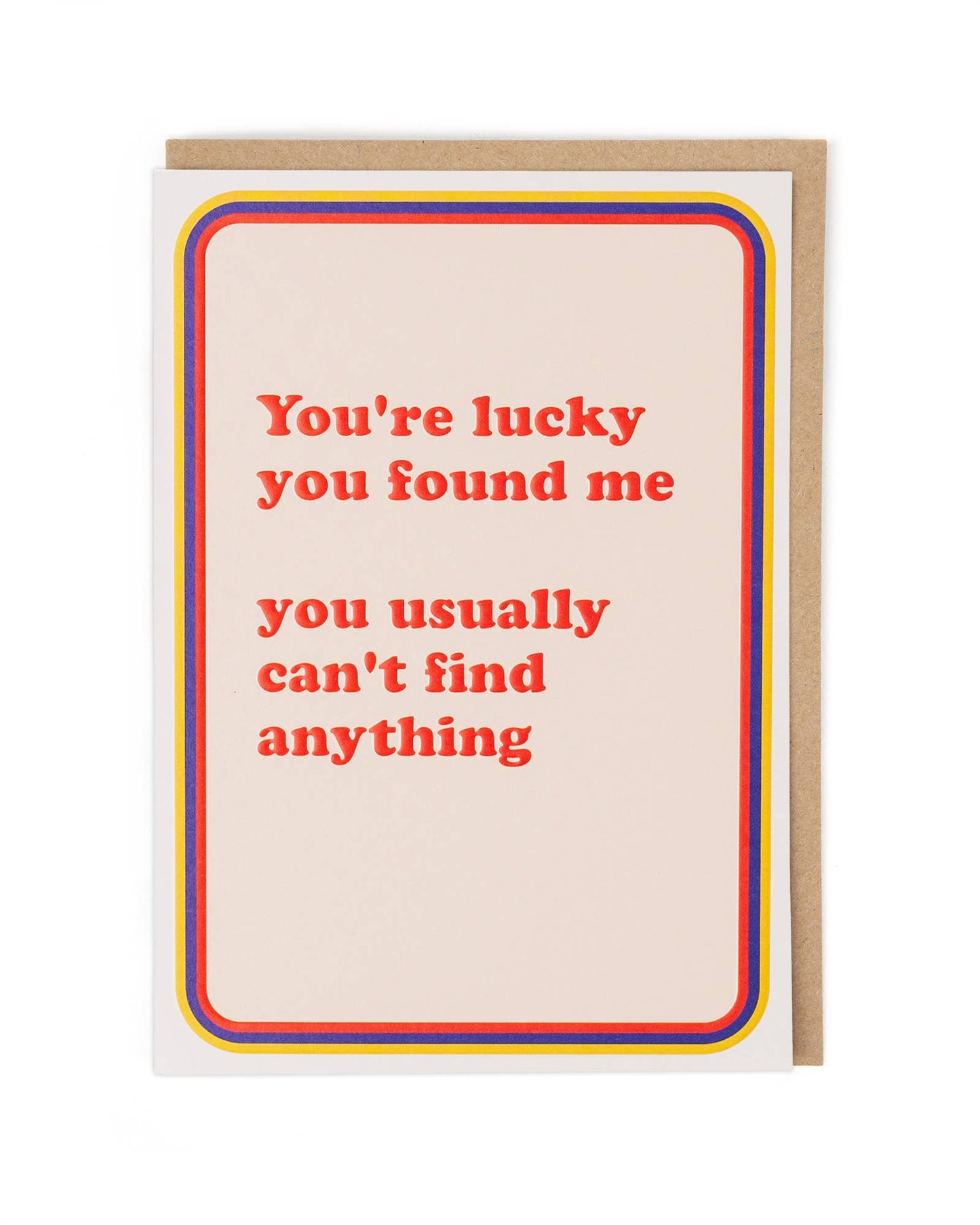 Card with red text on a beige background with a colorful border