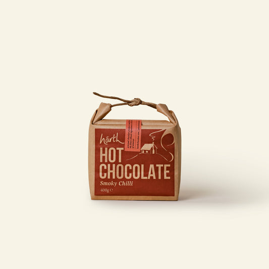 Box of Harth hot chocolate with a red label on a beige background