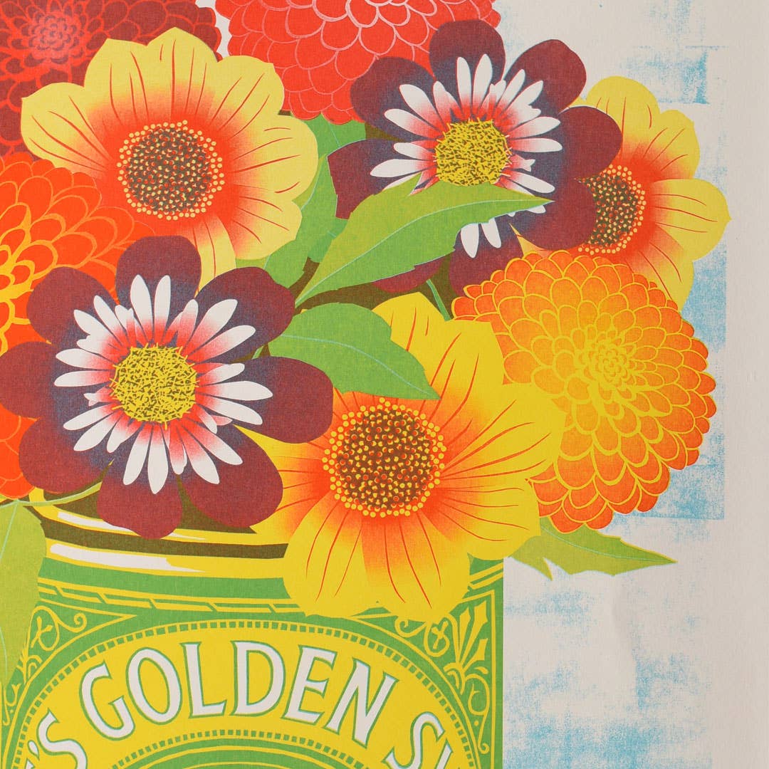 Risograph print of a flower bouquet in a golden syrup tin.