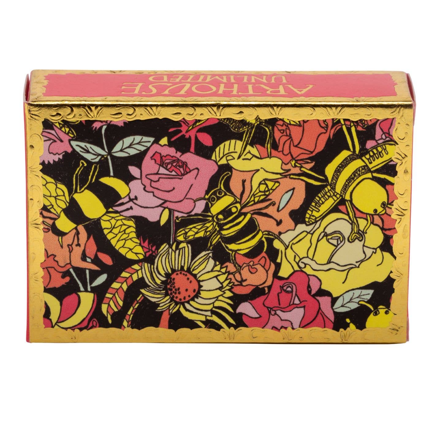 Decorative box with floral and bee design on a white background