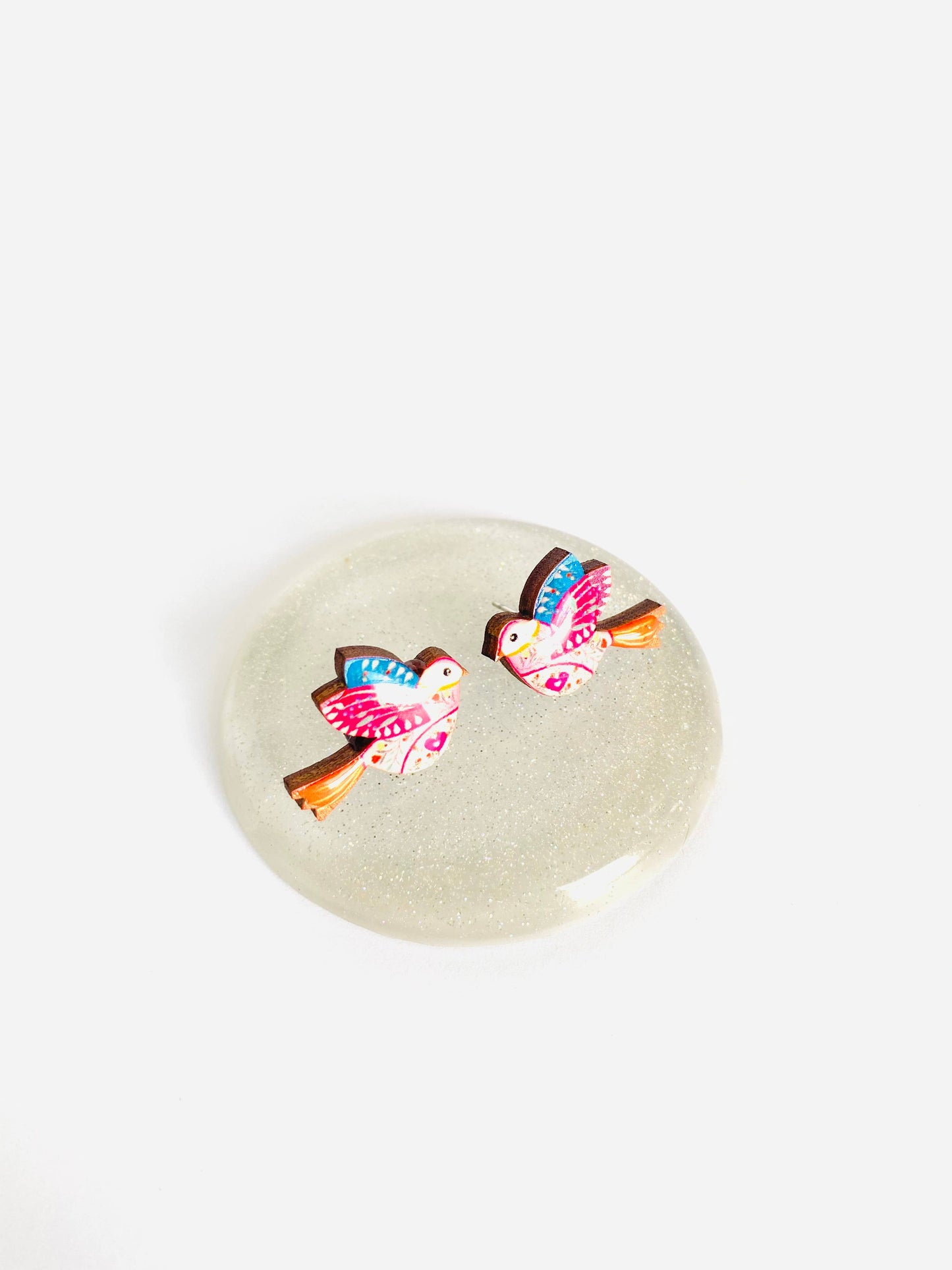 Folklore bird studs wooden and enamel earrings.