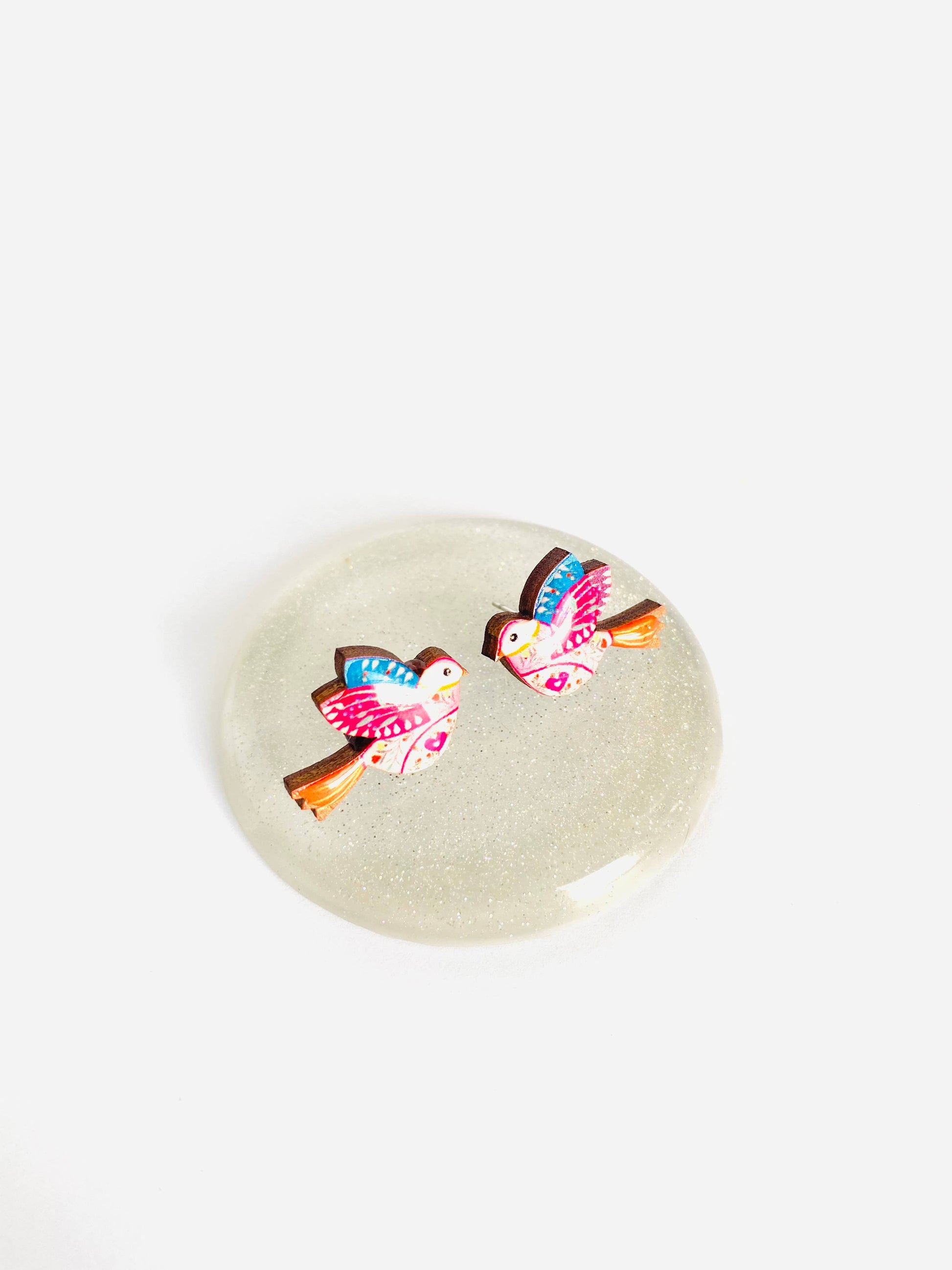 Folklore bird studs wooden and enamel earrings.