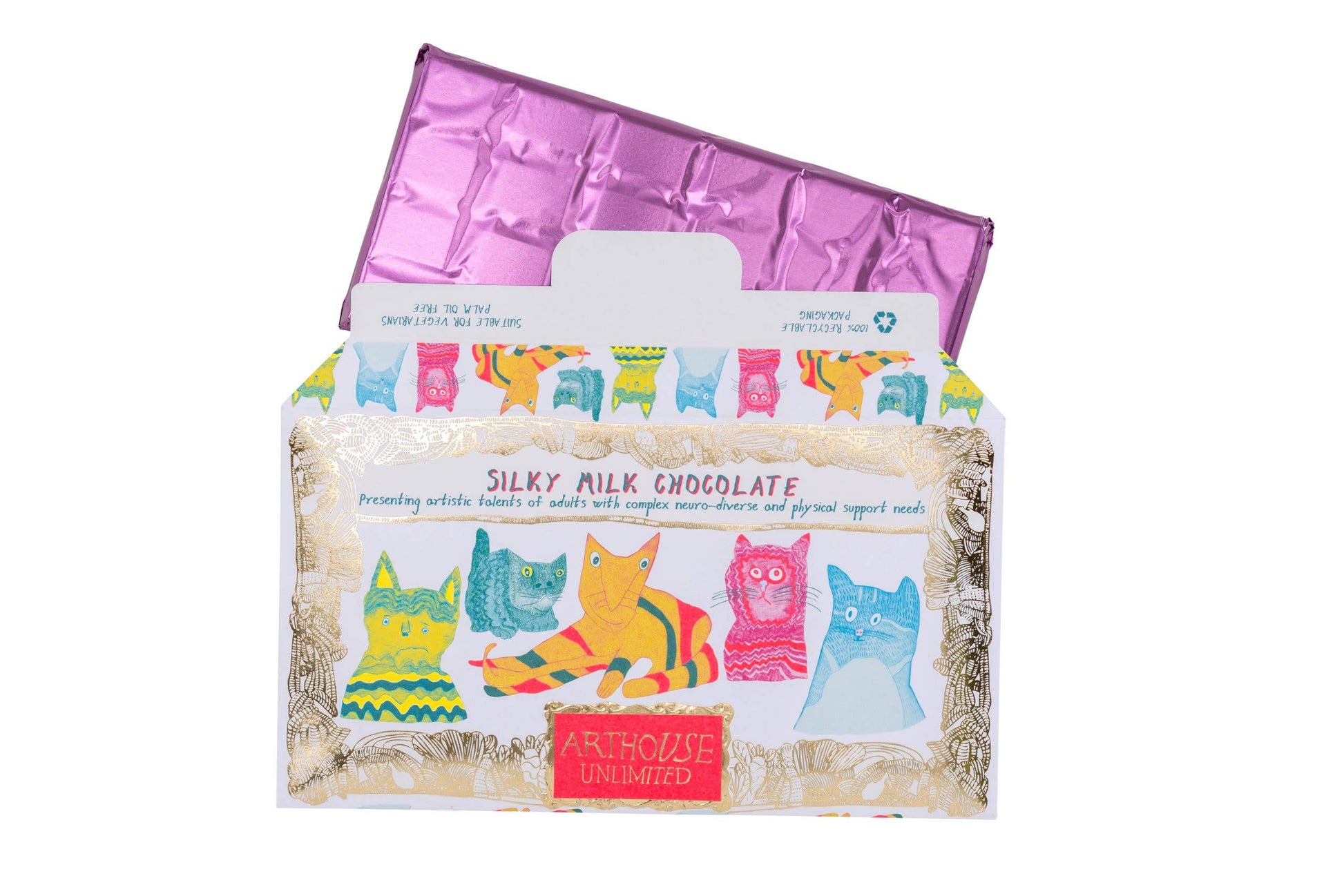 Silky milk chocolate bar with colorful cat illustrations on a white background