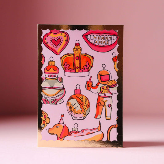 Quirky pink Bauble Christmas Card with spaceman, hearts & a sausage dog