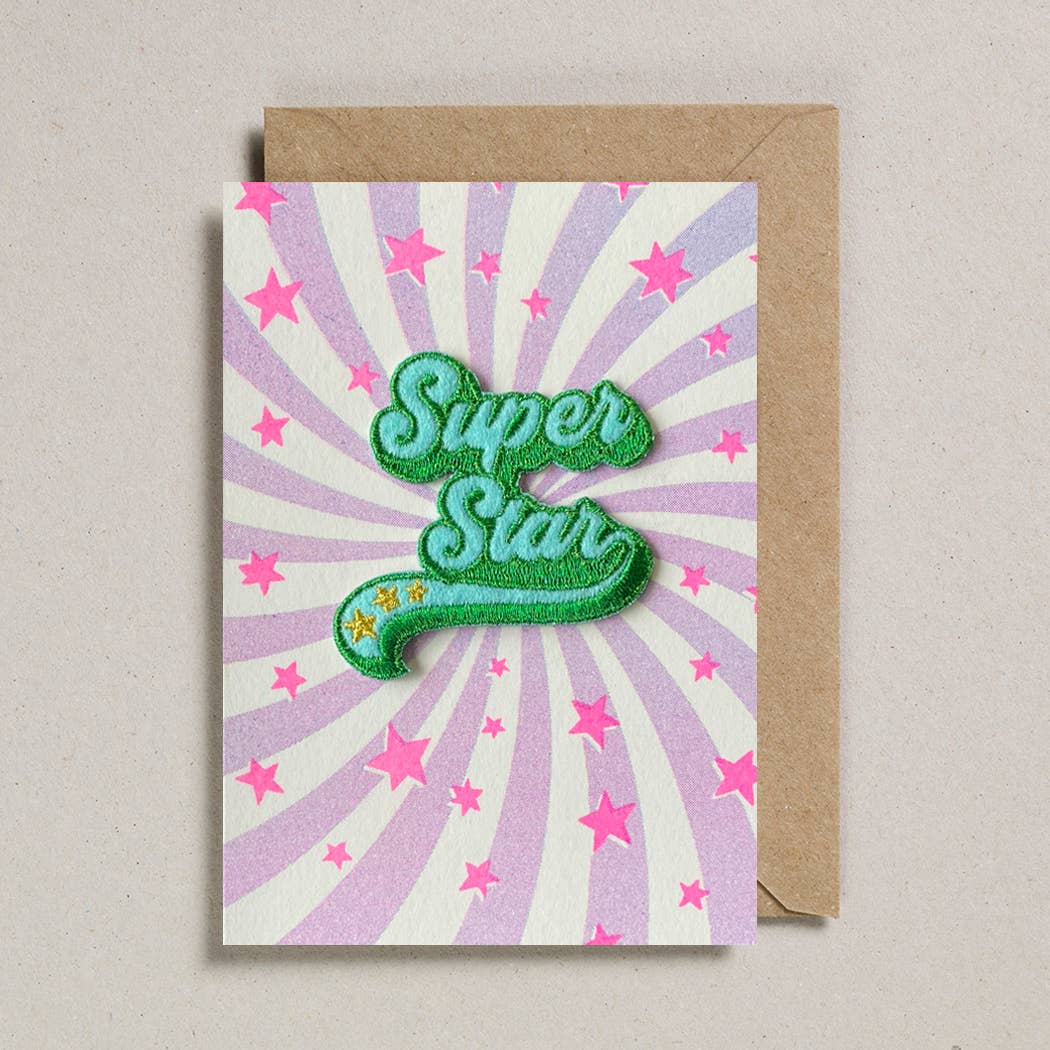 riso print card with embroided embellishment words. Super Star