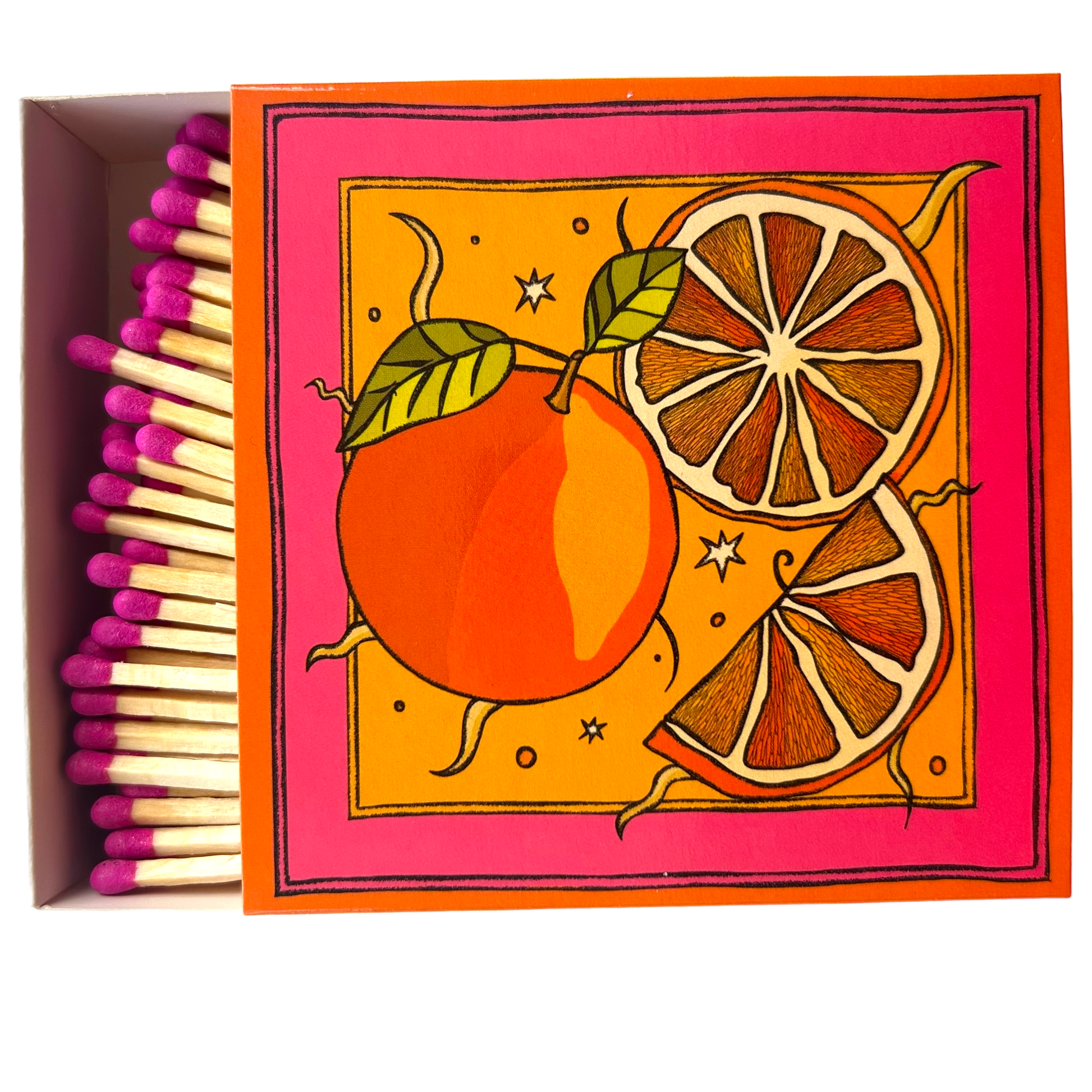 Matches in a beautifully box with illustration of oranges in colours of red and orange.