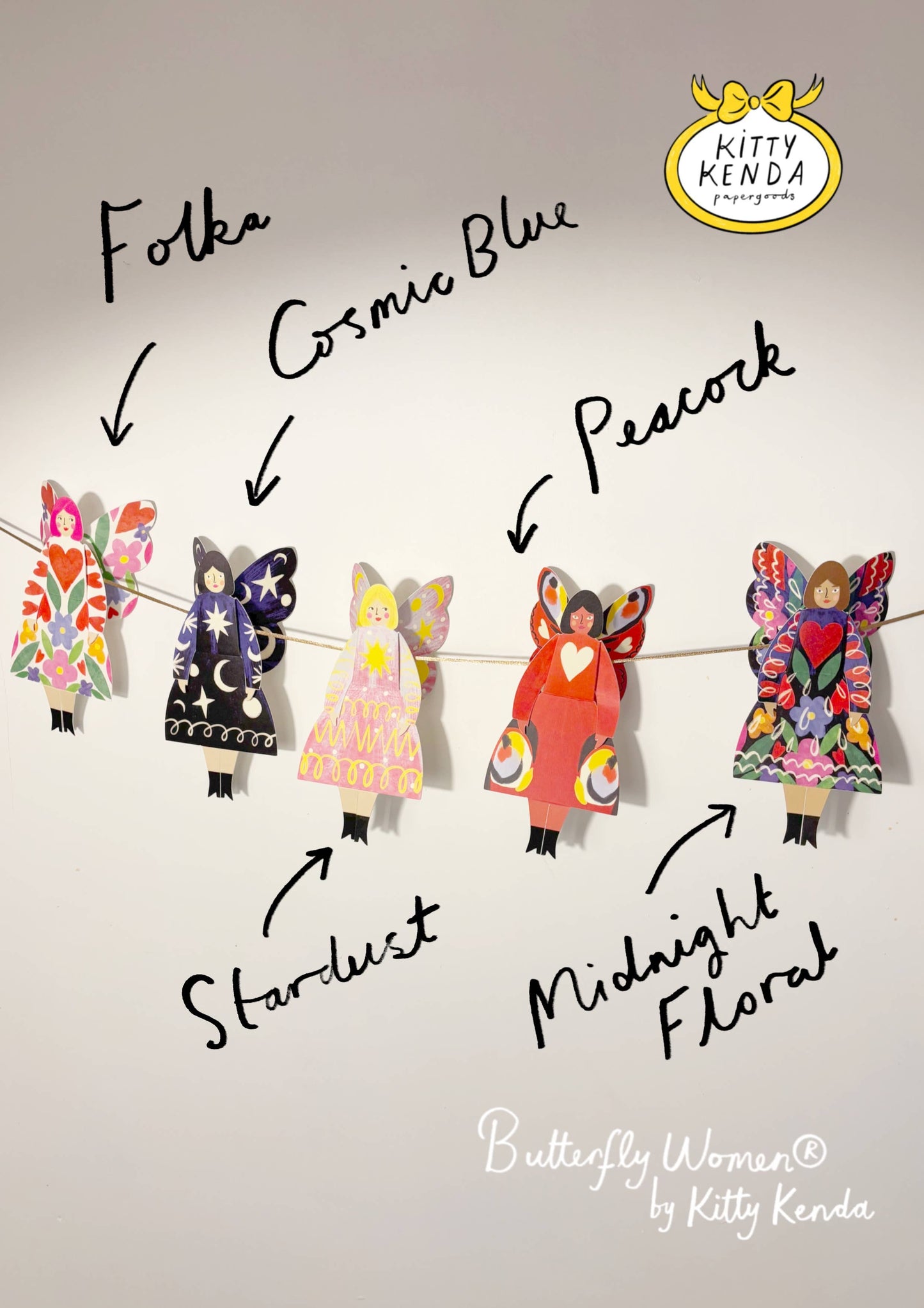 Illustrations of colorful butterfly women with text labels on a white background, featuring the brand 'Kitty Kenda'.