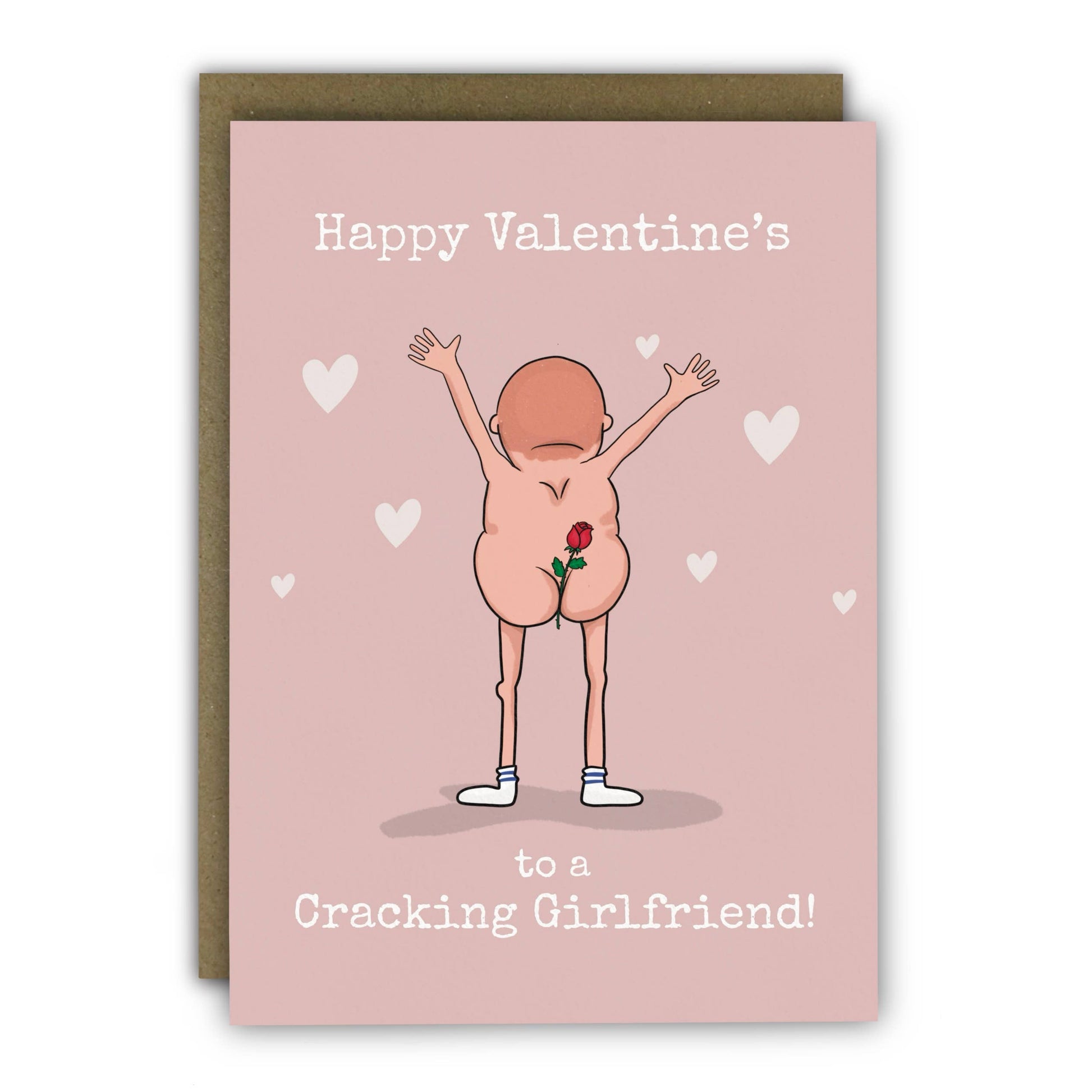 Valentine's Day card with a cartoon illustration of a person holding a rose, on a pink background with hearts.