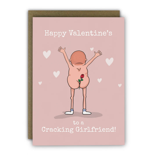 Valentine's Day card with a cartoon illustration of a person holding a rose, on a pink background with hearts.