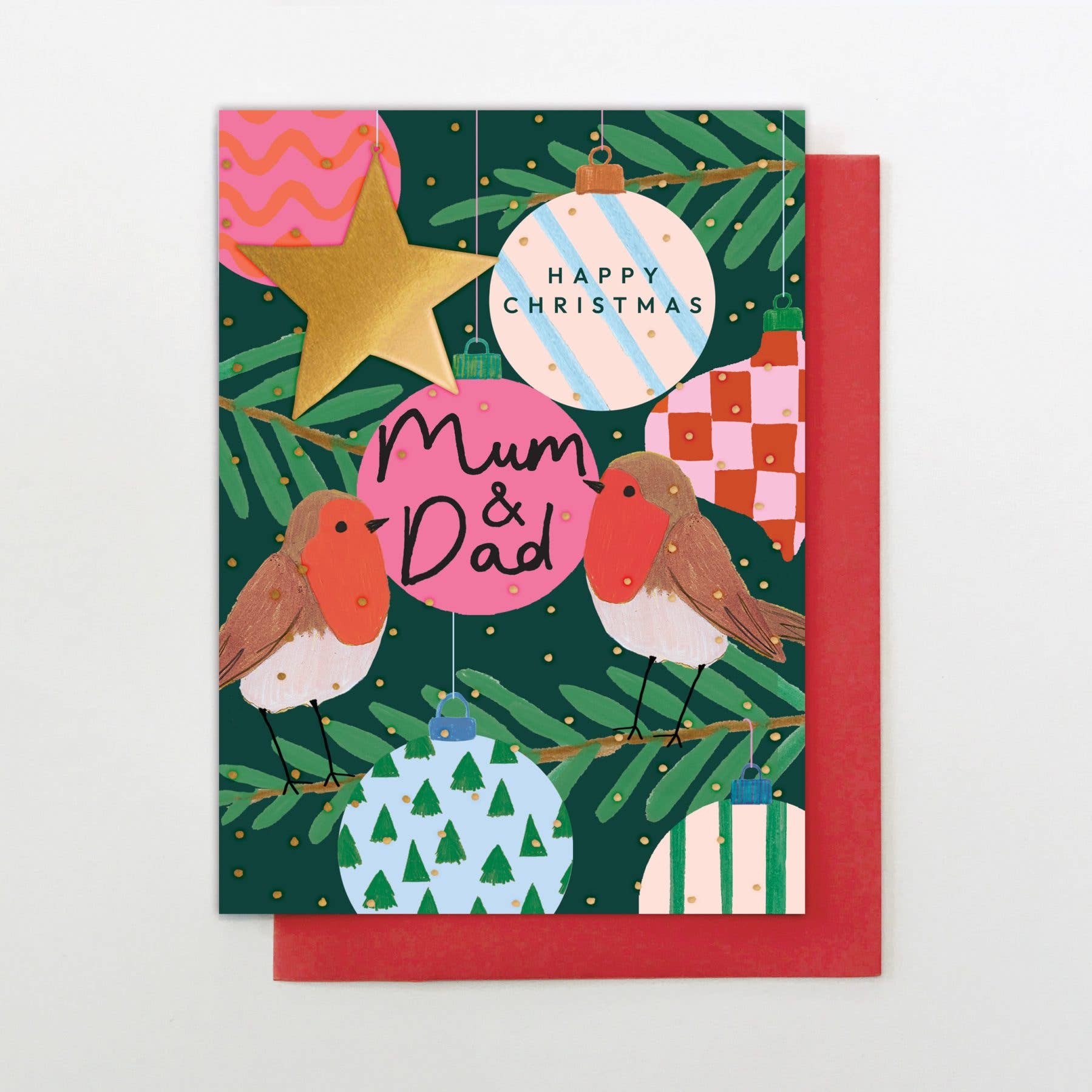 Christmas card with robins, ornaments, and 'Happy Christmas Mum & Dad' text on a green background.